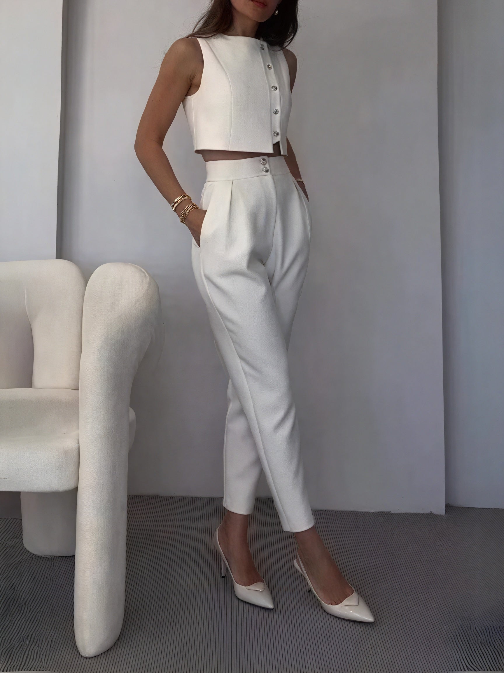 Modern Wide-Leg Suit - Sleeveless Crop Top