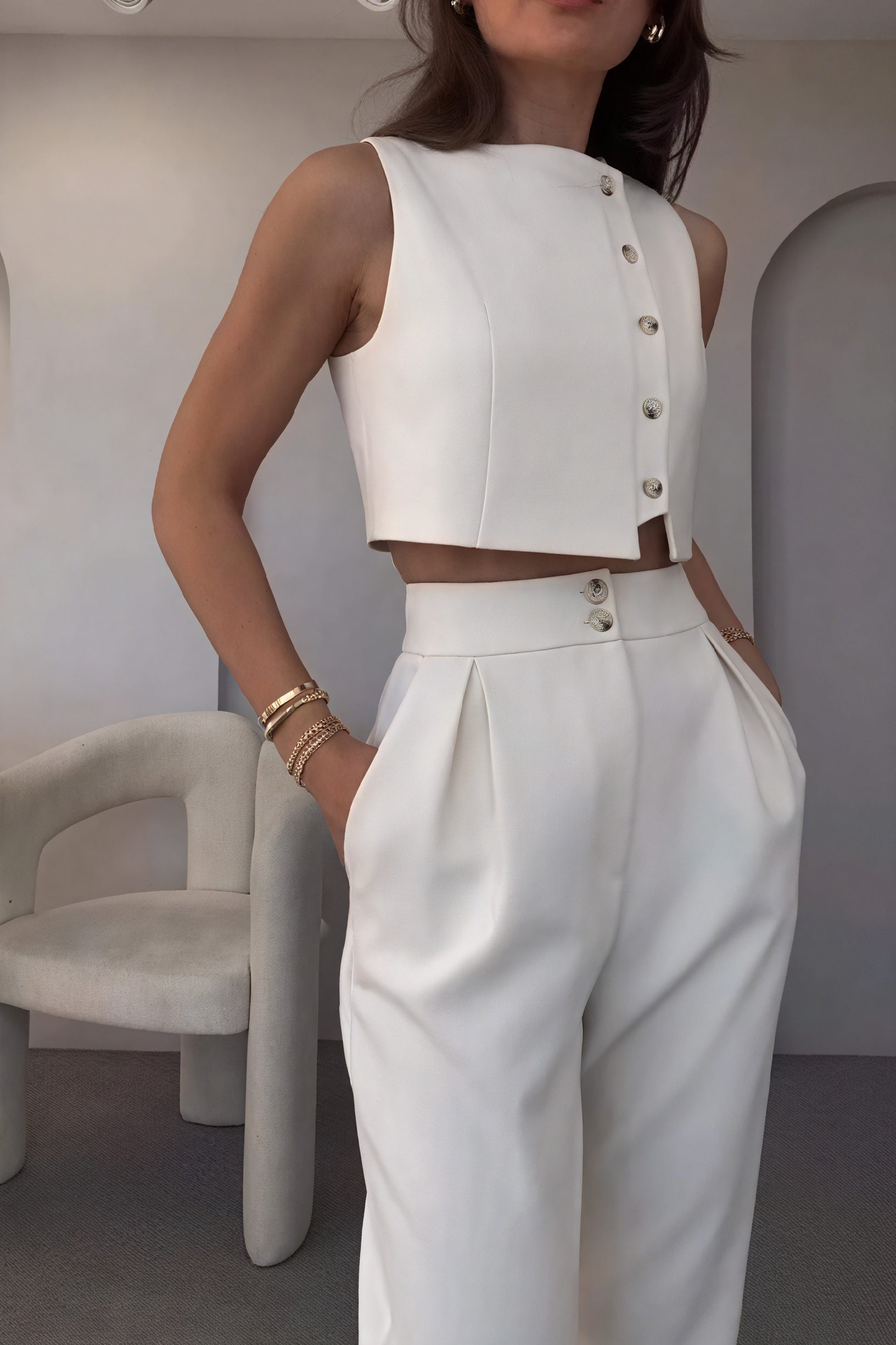 Modern Wide-Leg Suit - Sleeveless Crop Top