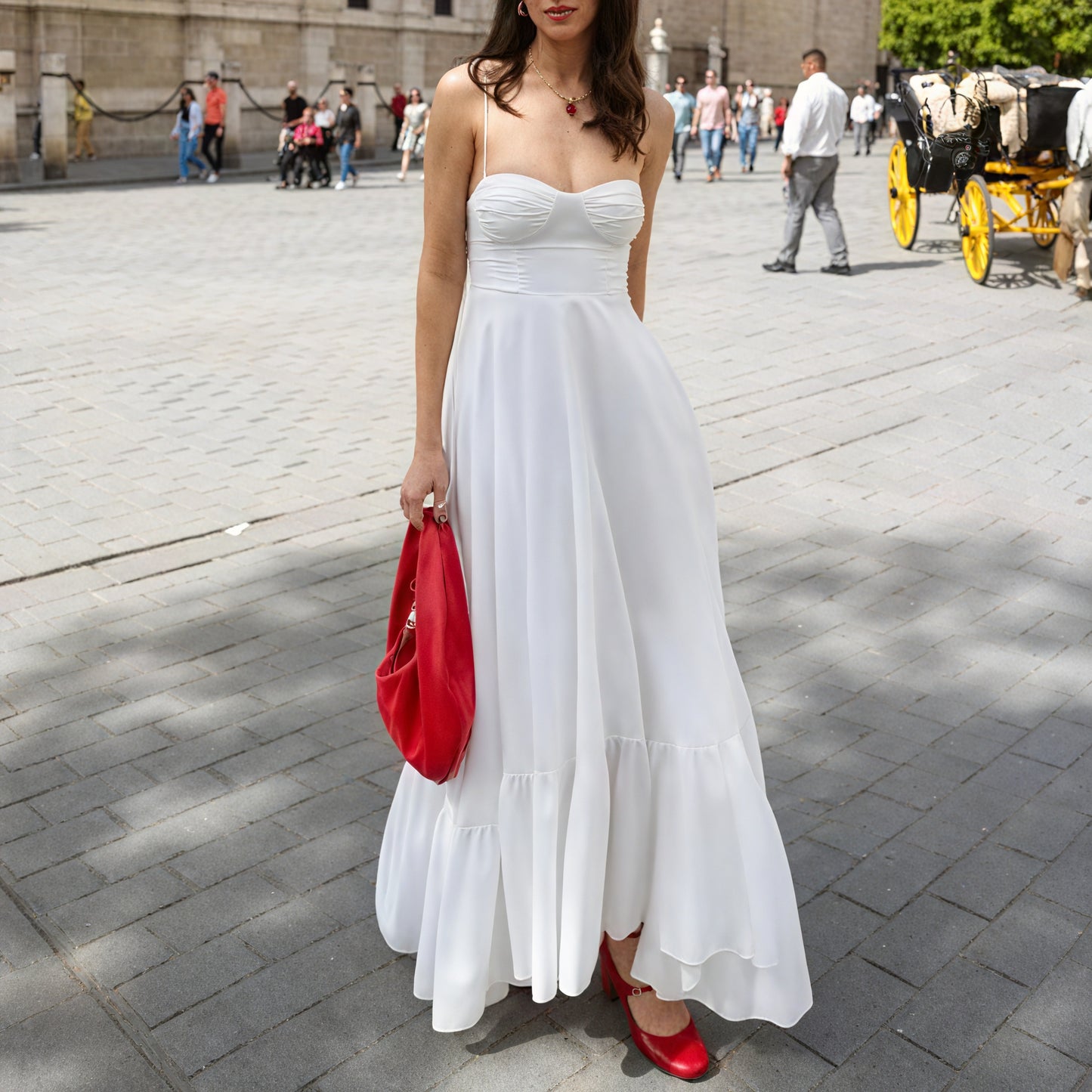 Basicfold Women's White Tiered Maxi Dress – Bustier Bodice, Spaghetti Straps-81821-3565ee3e-189c-471e-a1d1-de0748886da8