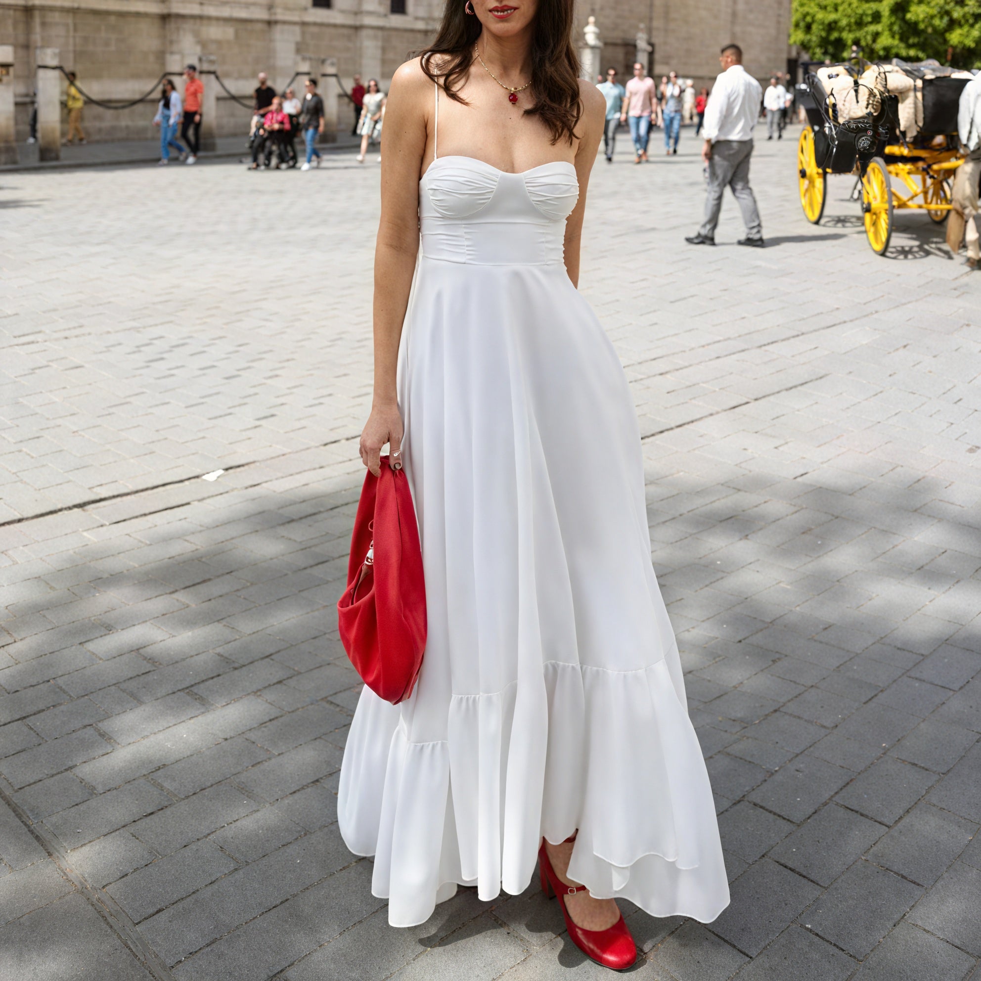 Basicfold Women's White Tiered Maxi Dress – Bustier Bodice, Spaghetti Straps-81821-3565ee3e-189c-471e-a1d1-de0748886da8