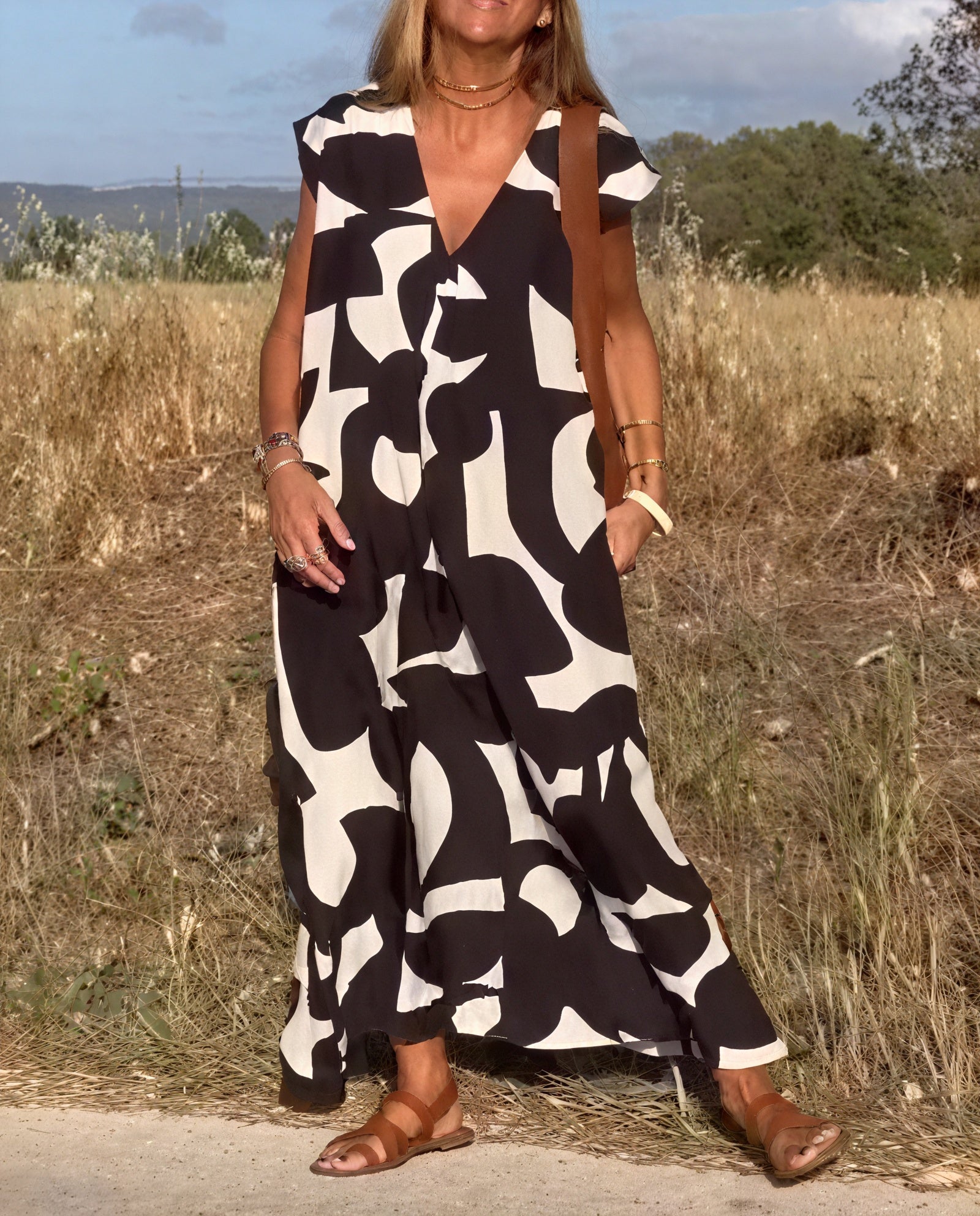 Abstract Pattern Flowing Maxi Dress