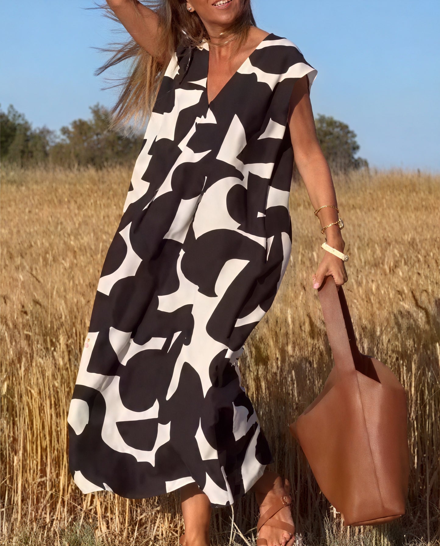 Abstract Pattern Flowing Maxi Dress