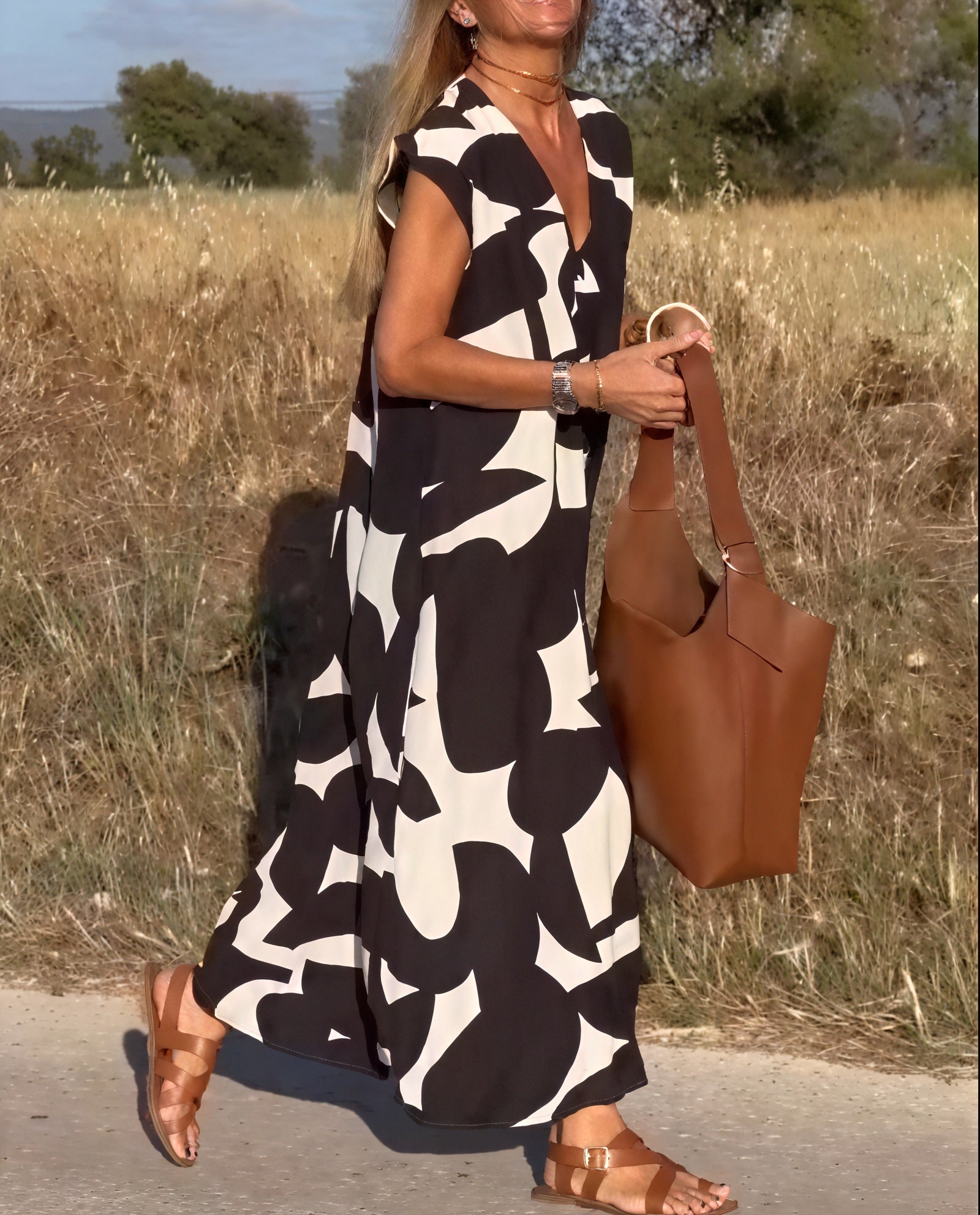 Abstract Pattern Flowing Maxi Dress