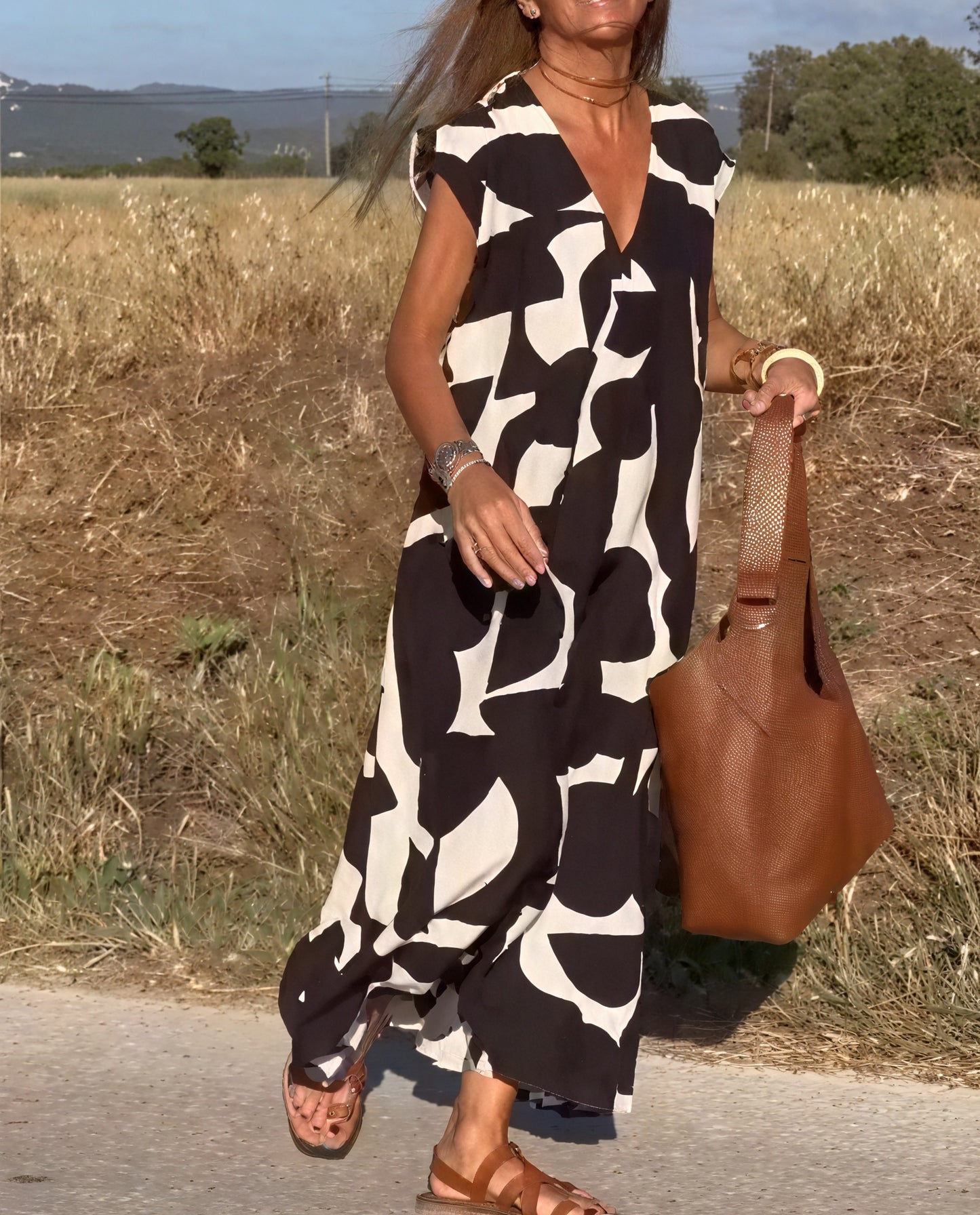 Abstract Pattern Flowing Maxi Dress