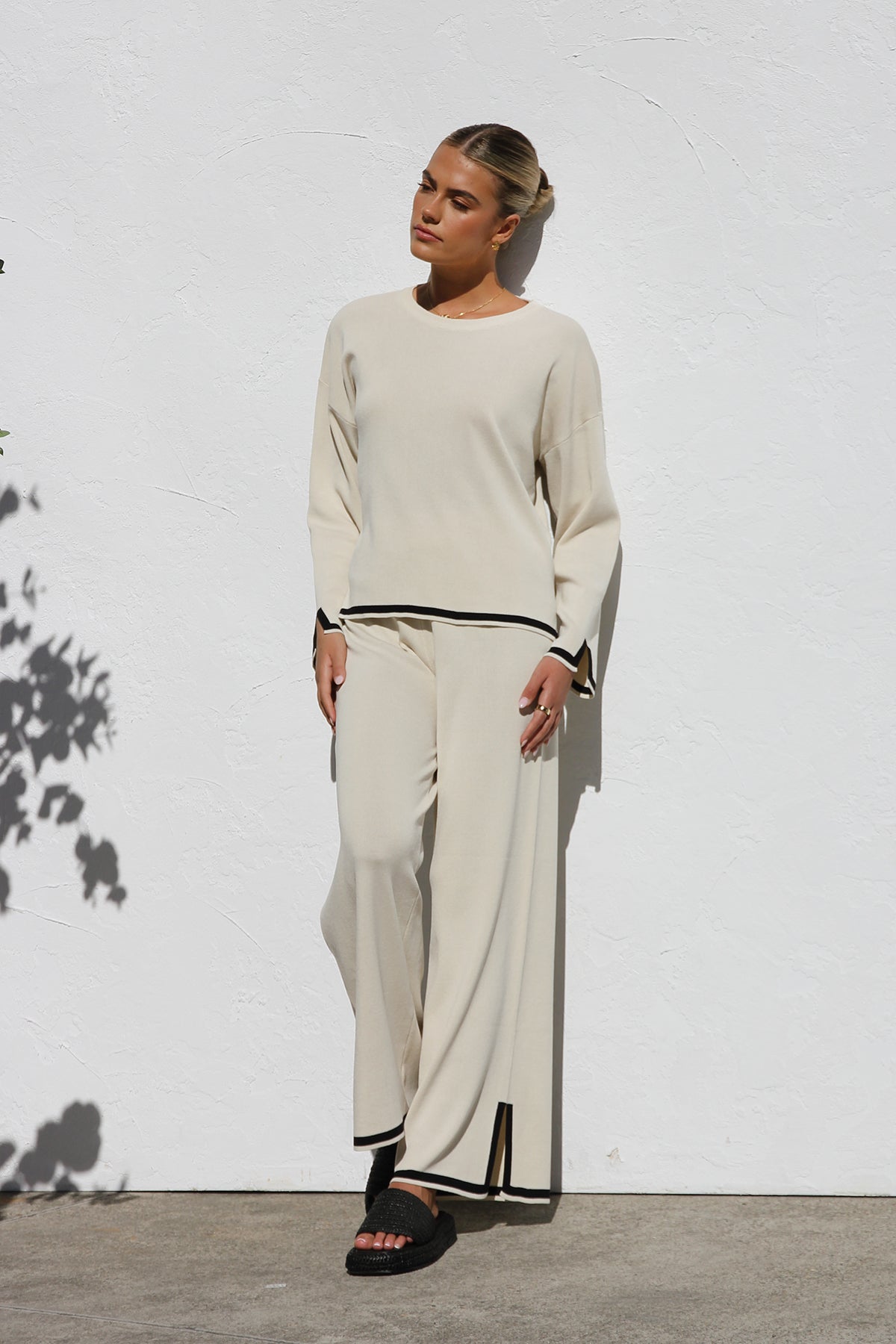 Relaxed Knit Set - Wide Leg Pants, Cream