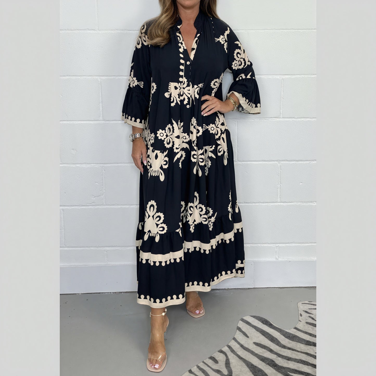 Flowing Floral Dress with Flared Sleeves