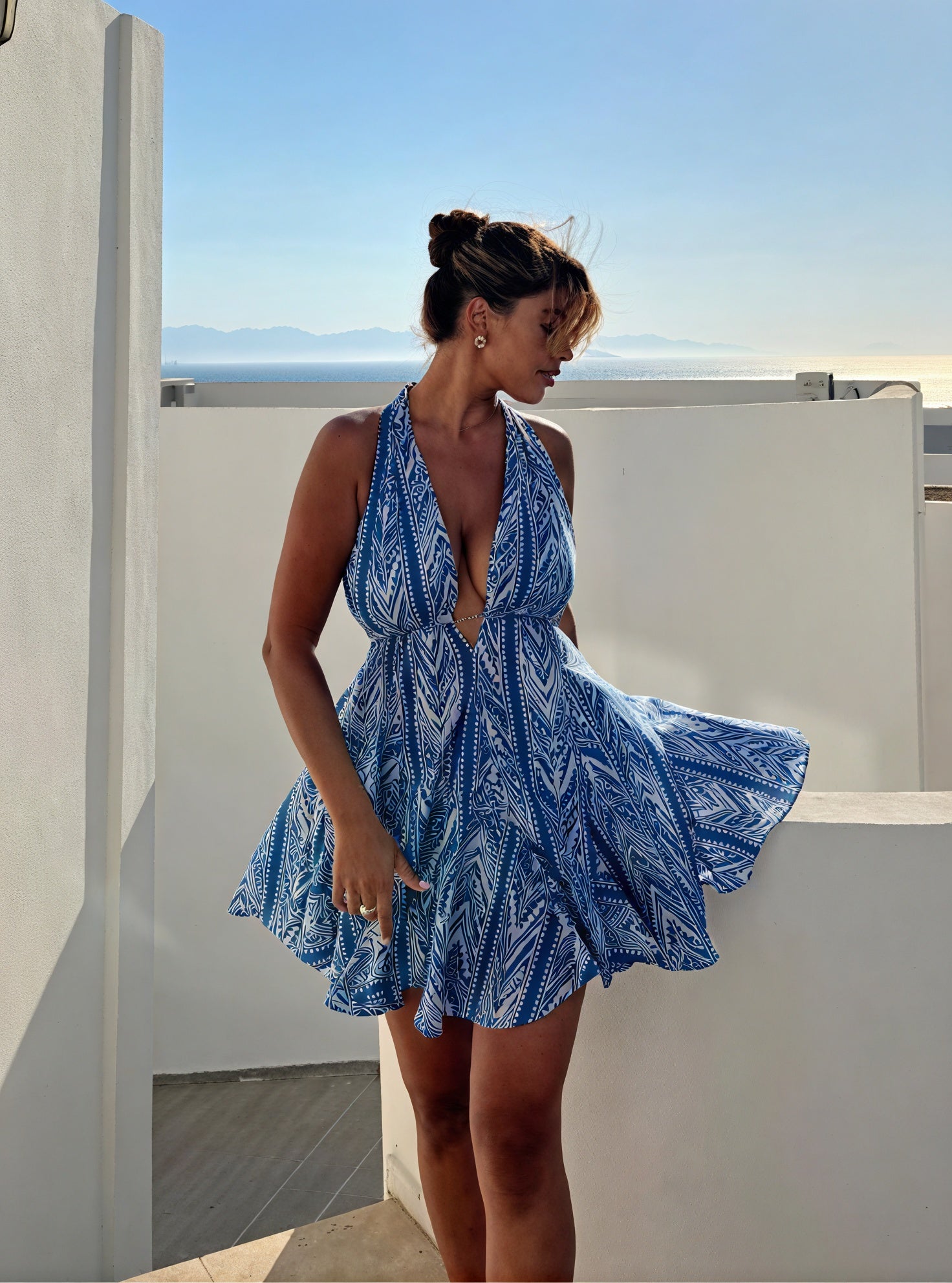 Patterned Halter A-Line Dress with Tie