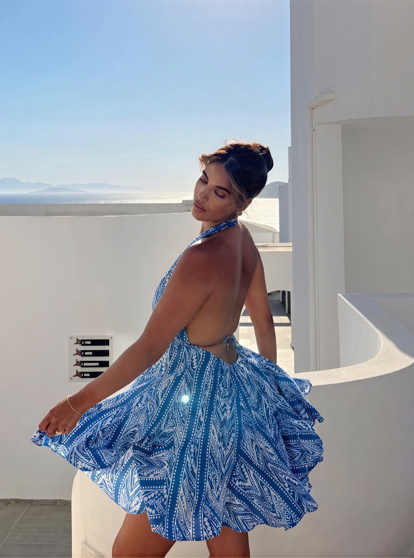 Patterned Halter A-Line Dress with Tie