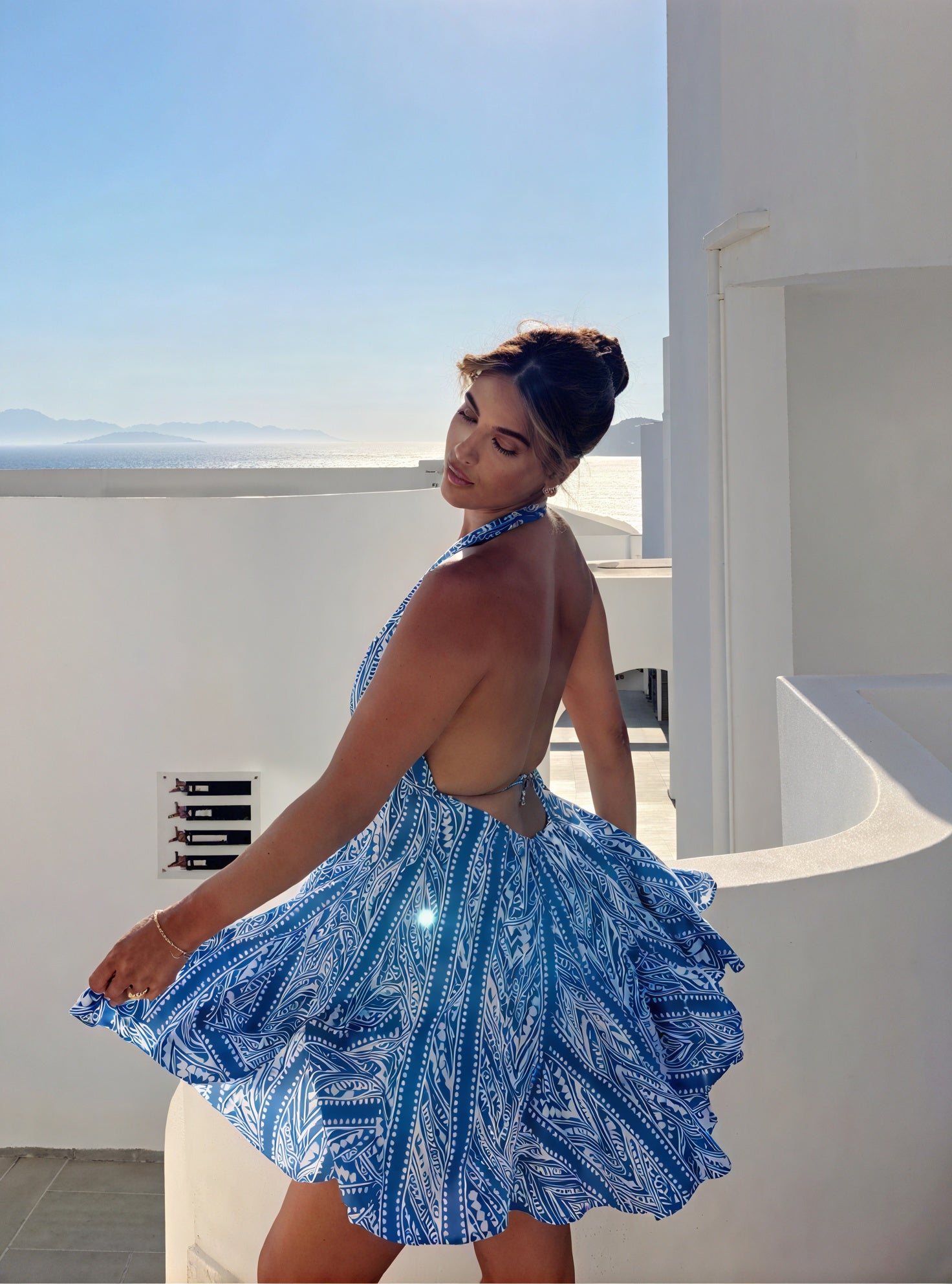 Patterned Halter A-Line Dress with Tie