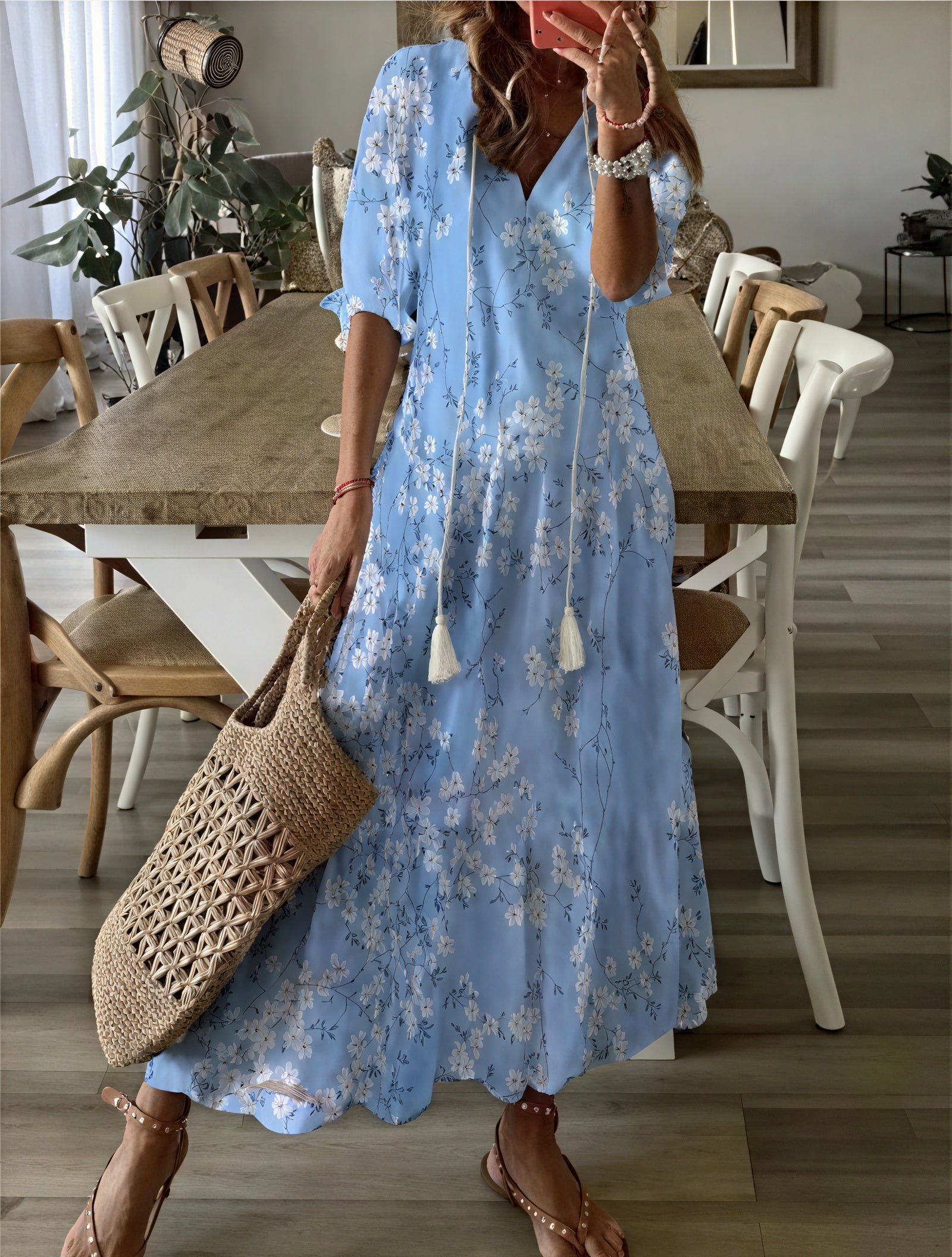 Flowing Midi Dress - Ruffle Sleeves