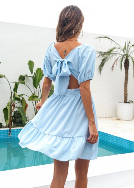 Ruffle Hem Short Dress with Puff Sleeves