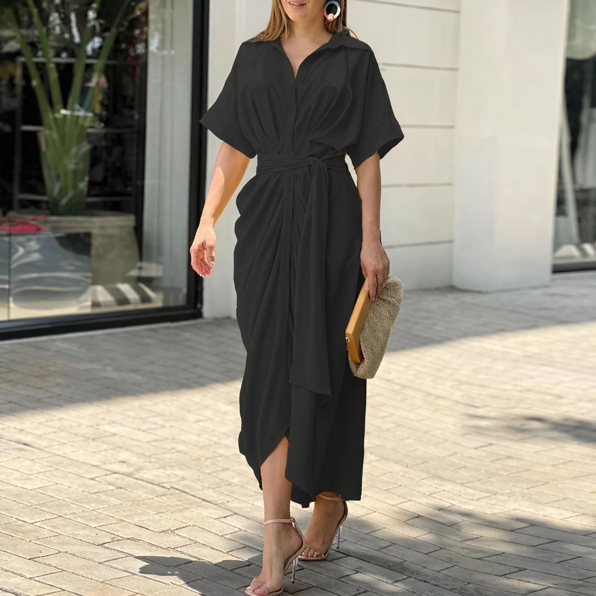 Women's Collared Button-Down Dress – Tie Waist, Asymmetrical Hem, Versatile Style-82303-691a482a-372f-4759-a1f7-94e7f8a6dc6d