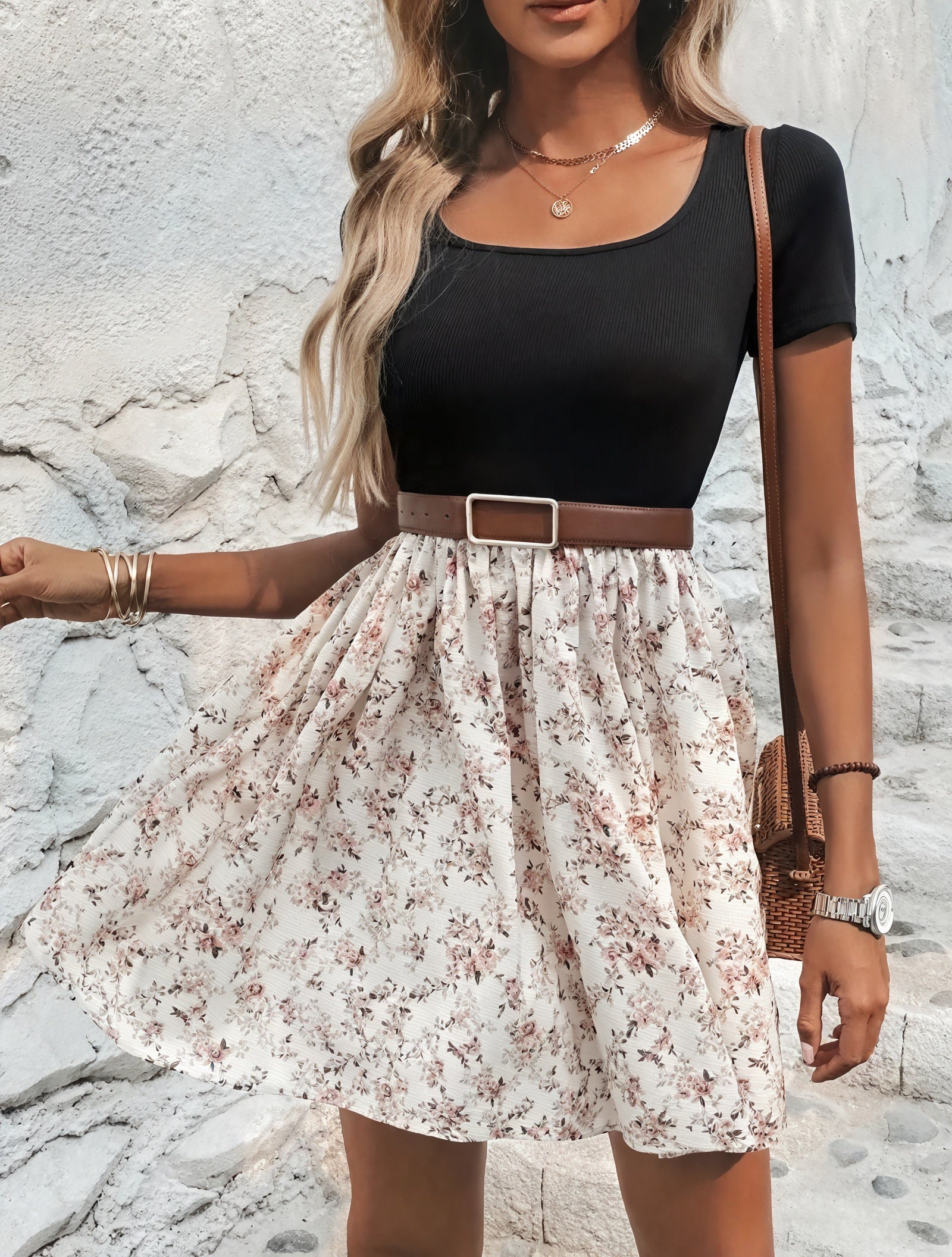 Women's Floral Print Dress with Square Neckline, Short Sleeves, Two-Piece Look for Summer-82320-32642e98-dc01-4609-bc54-fecb3457304c