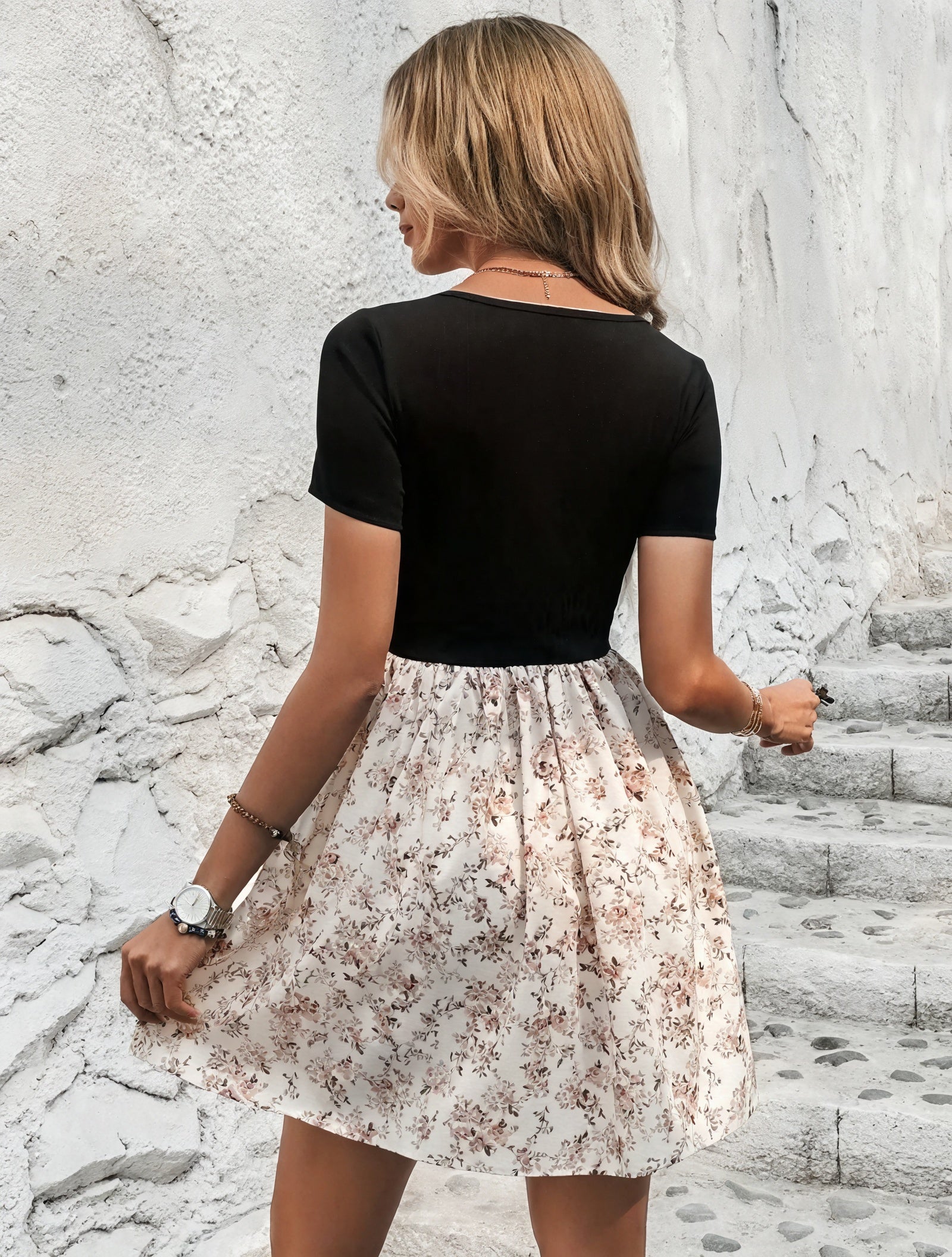 Women's Floral Print Dress with Square Neckline, Short Sleeves, Two-Piece Look for Summer-82320-3aa00063-3fd6-46f8-a7af-9b9c49cada6b