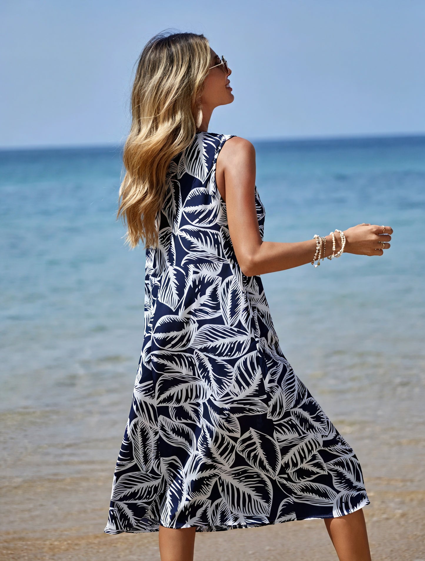 Leaf Print A-Line Midi Dress