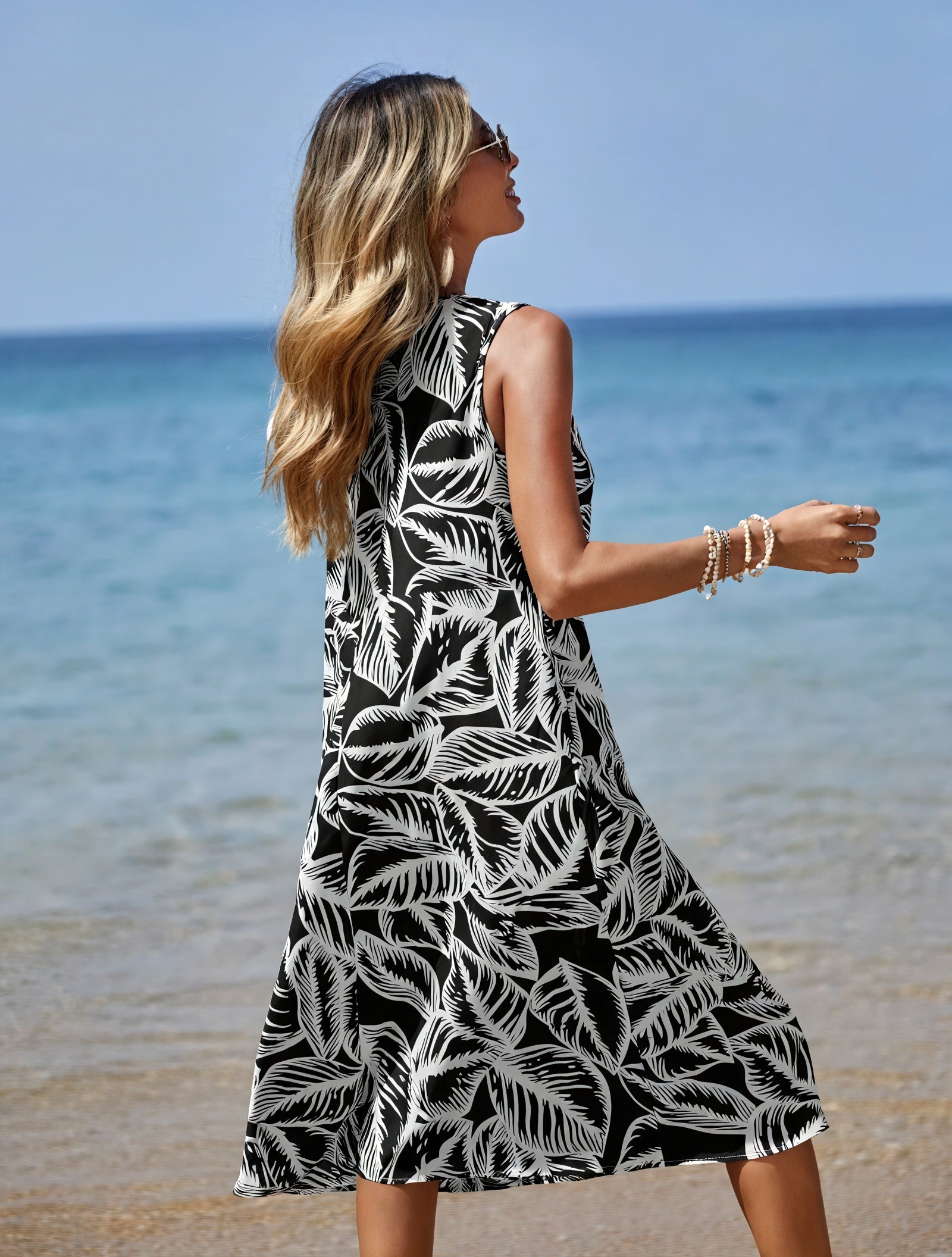 Leaf Print A-Line Midi Dress