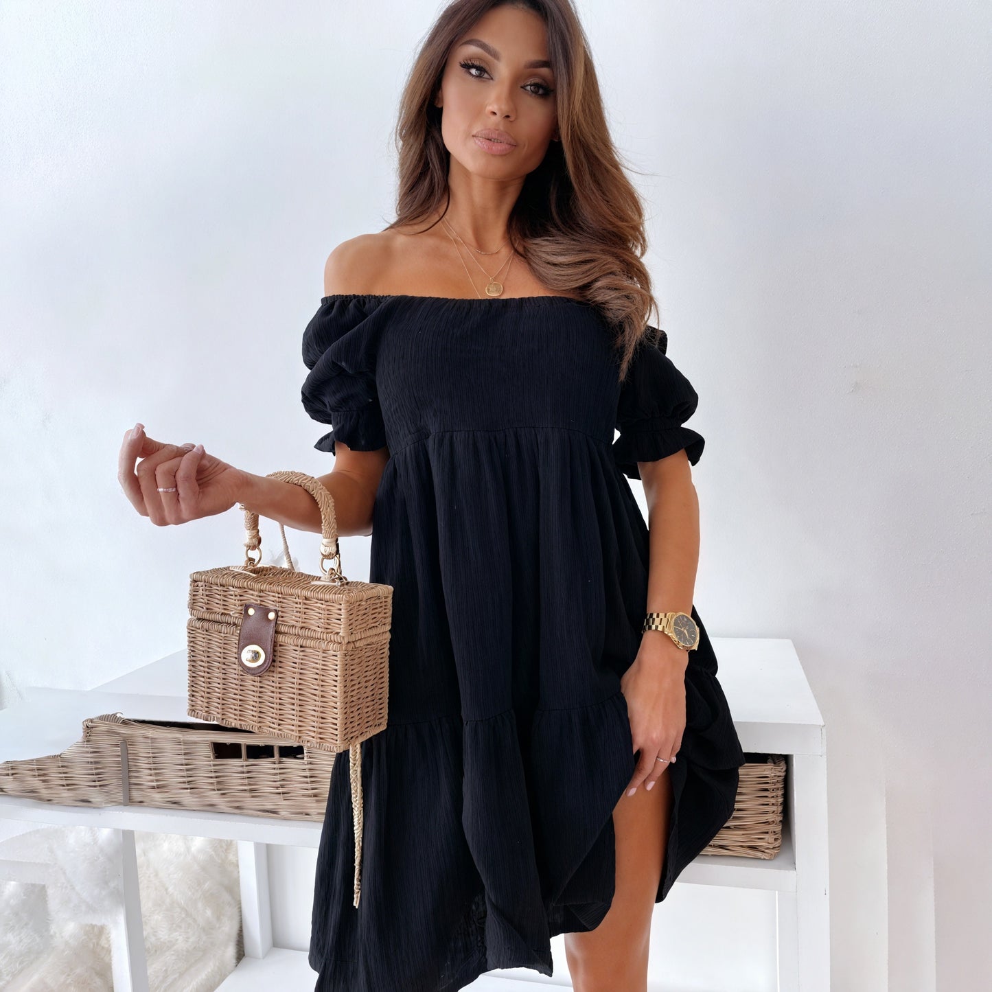 Tiered A-Line Dress with Puffed Sleeves