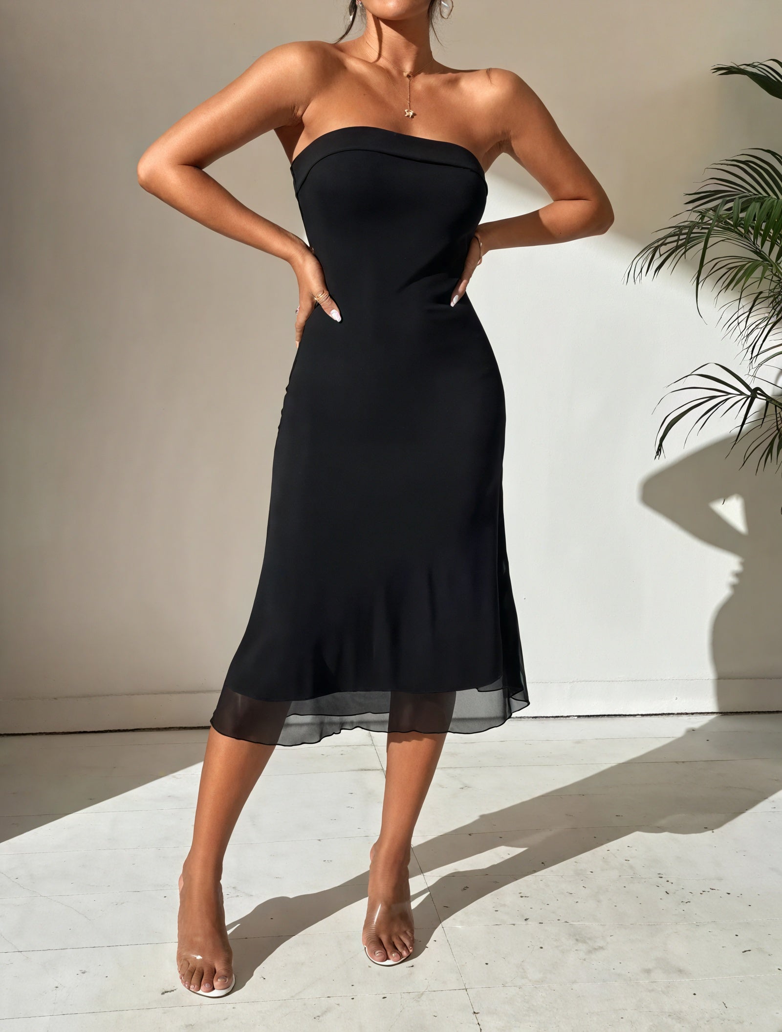 Fitted Midi Dress - Strapless, Sheer Hem