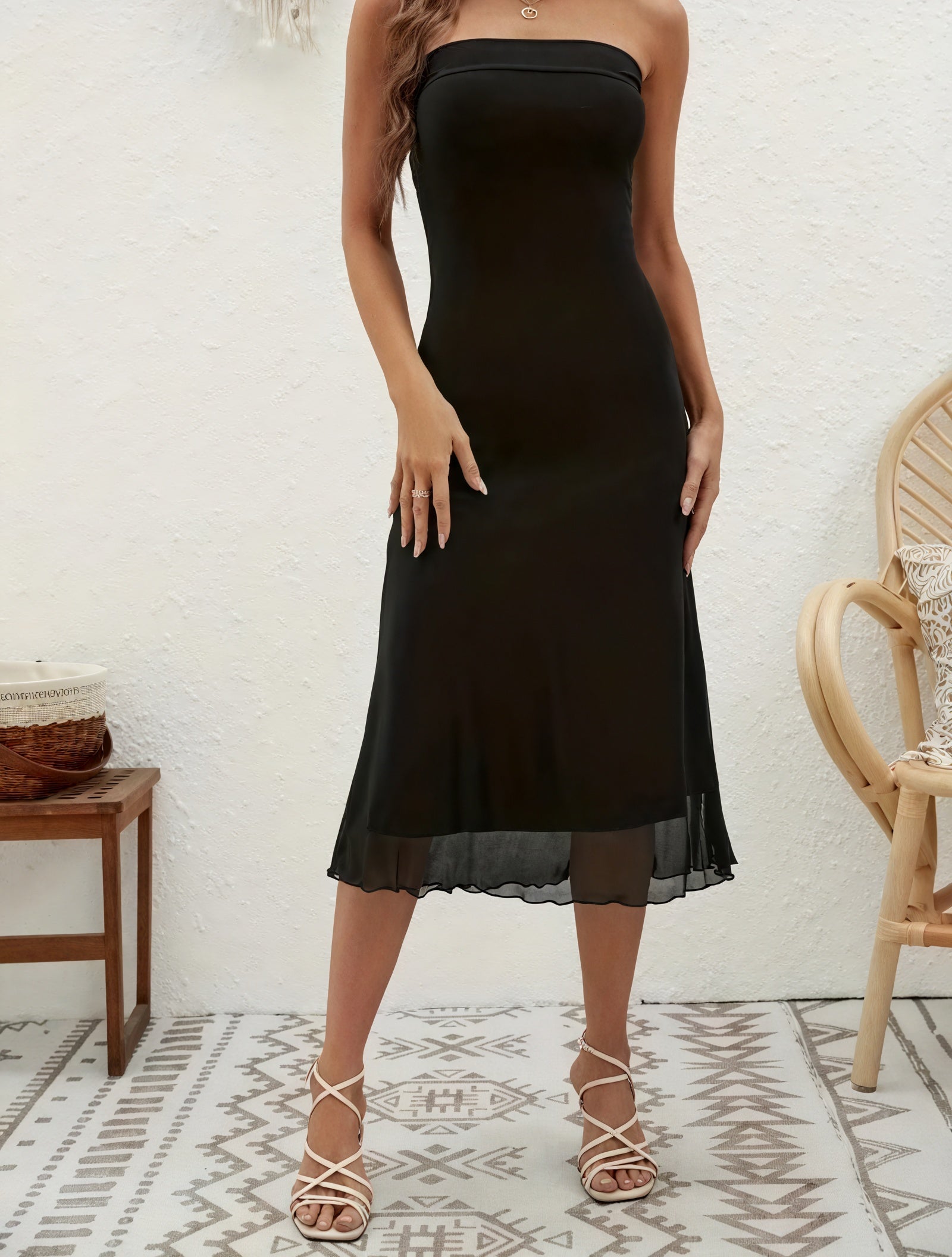 Fitted Midi Dress - Strapless, Sheer Hem
