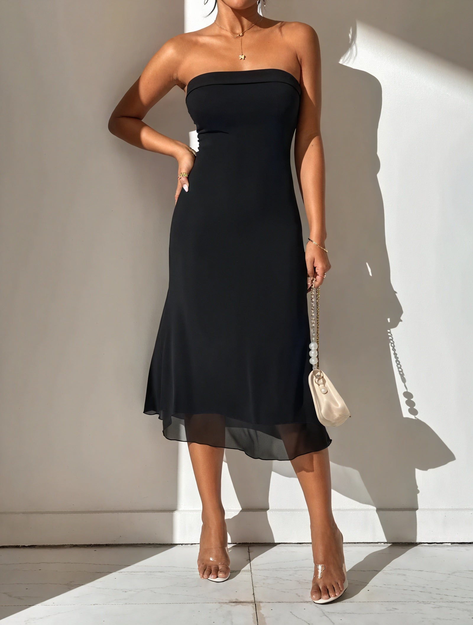 Fitted Midi Dress - Strapless, Sheer Hem
