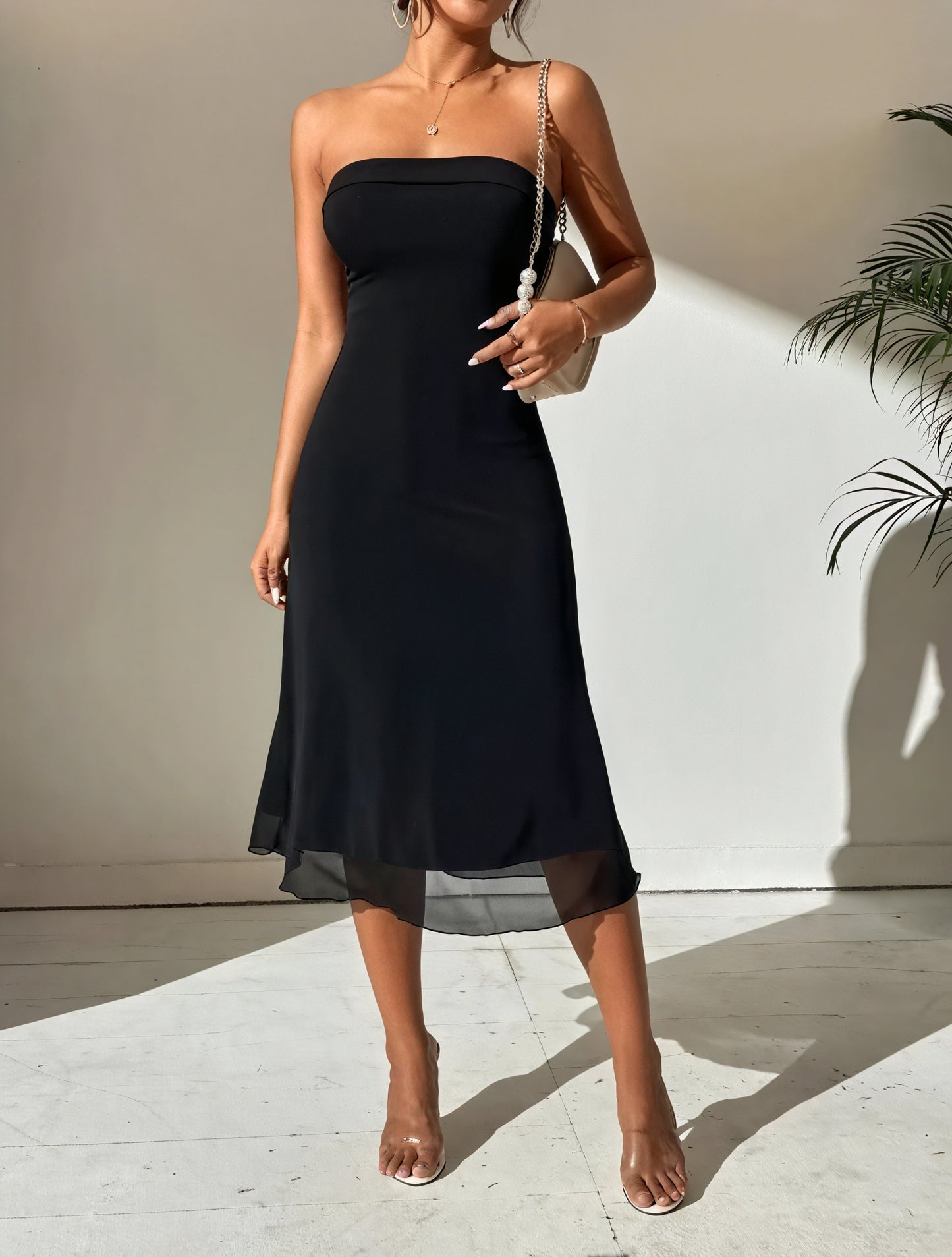 Fitted Midi Dress - Strapless, Sheer Hem