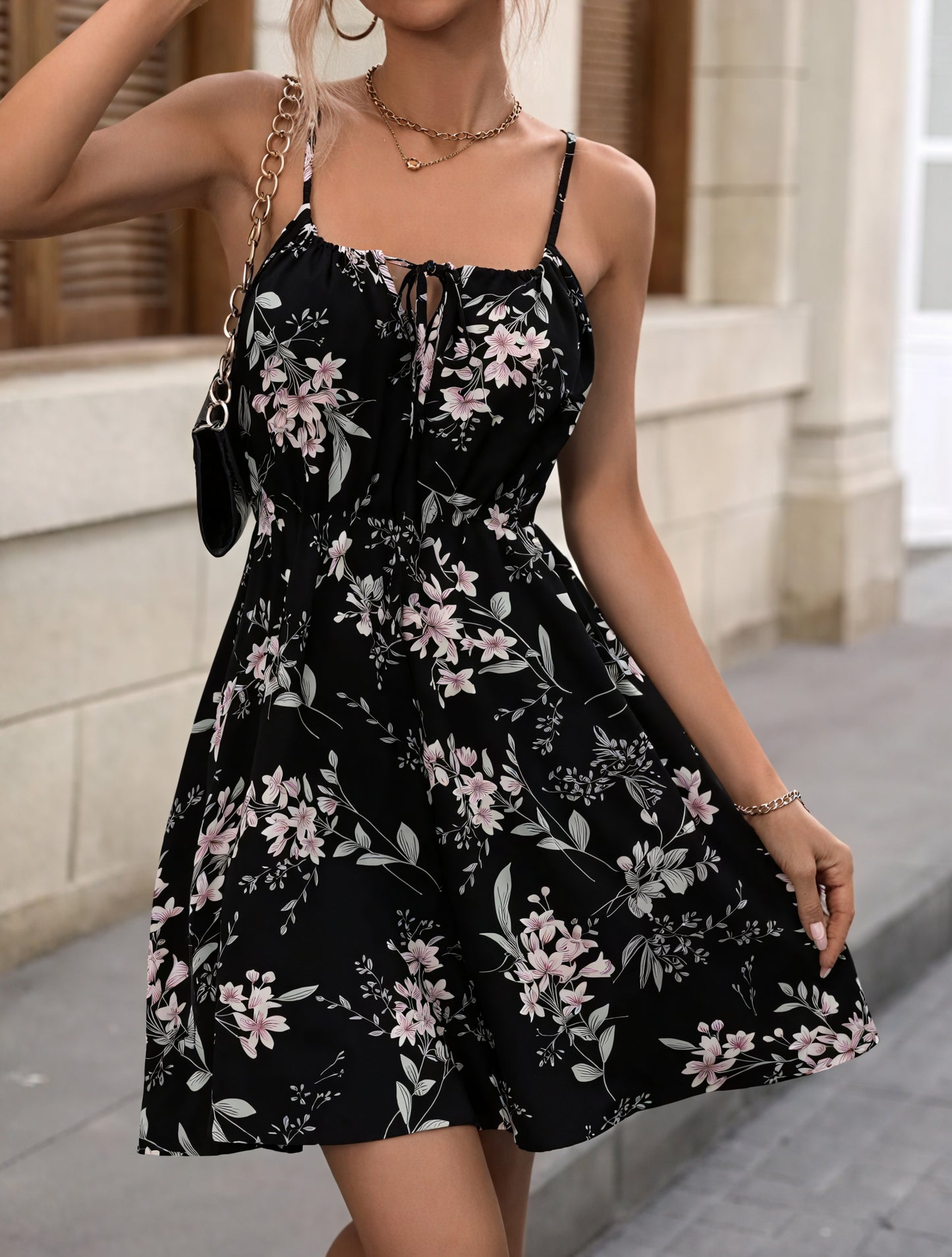 Floral Tie-Bust Dress - Sleeveless Above-Knee