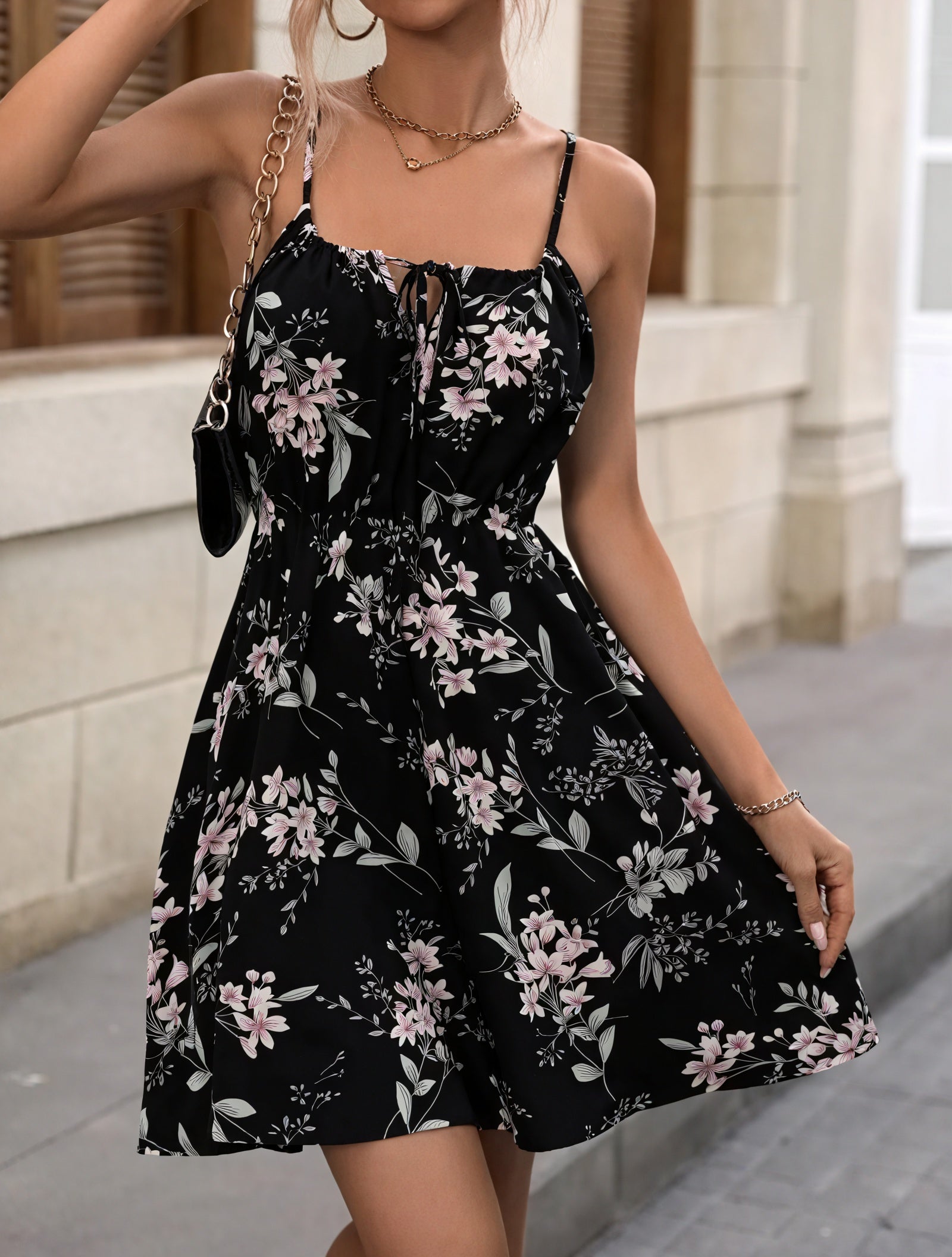 Floral Tie-Bust Dress - Sleeveless Above-Knee