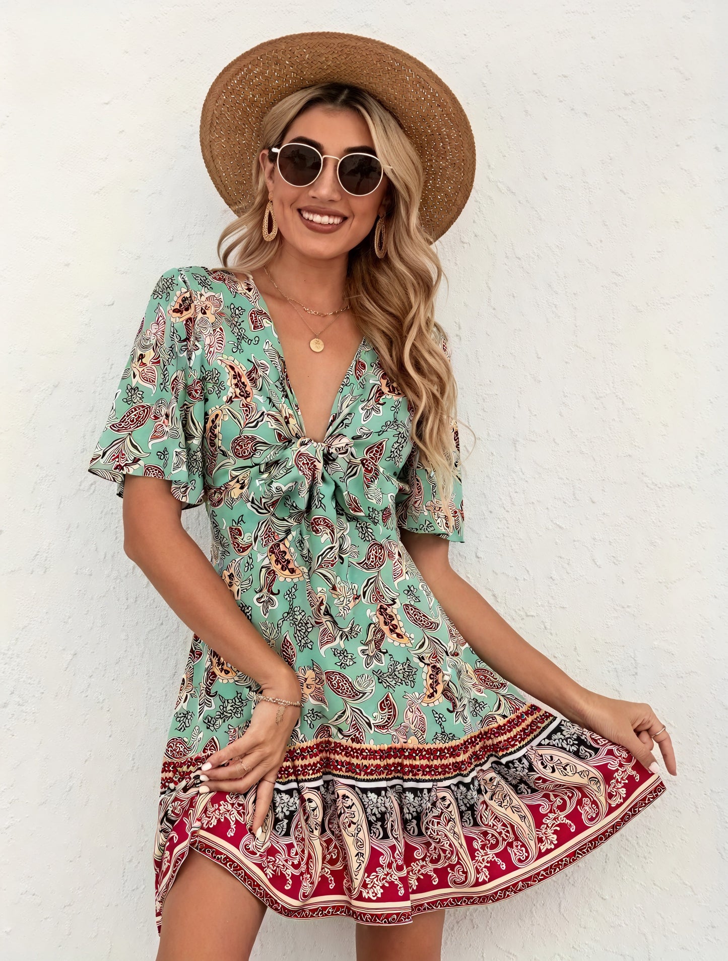 Floral Paisley V-Neck Flared Dress