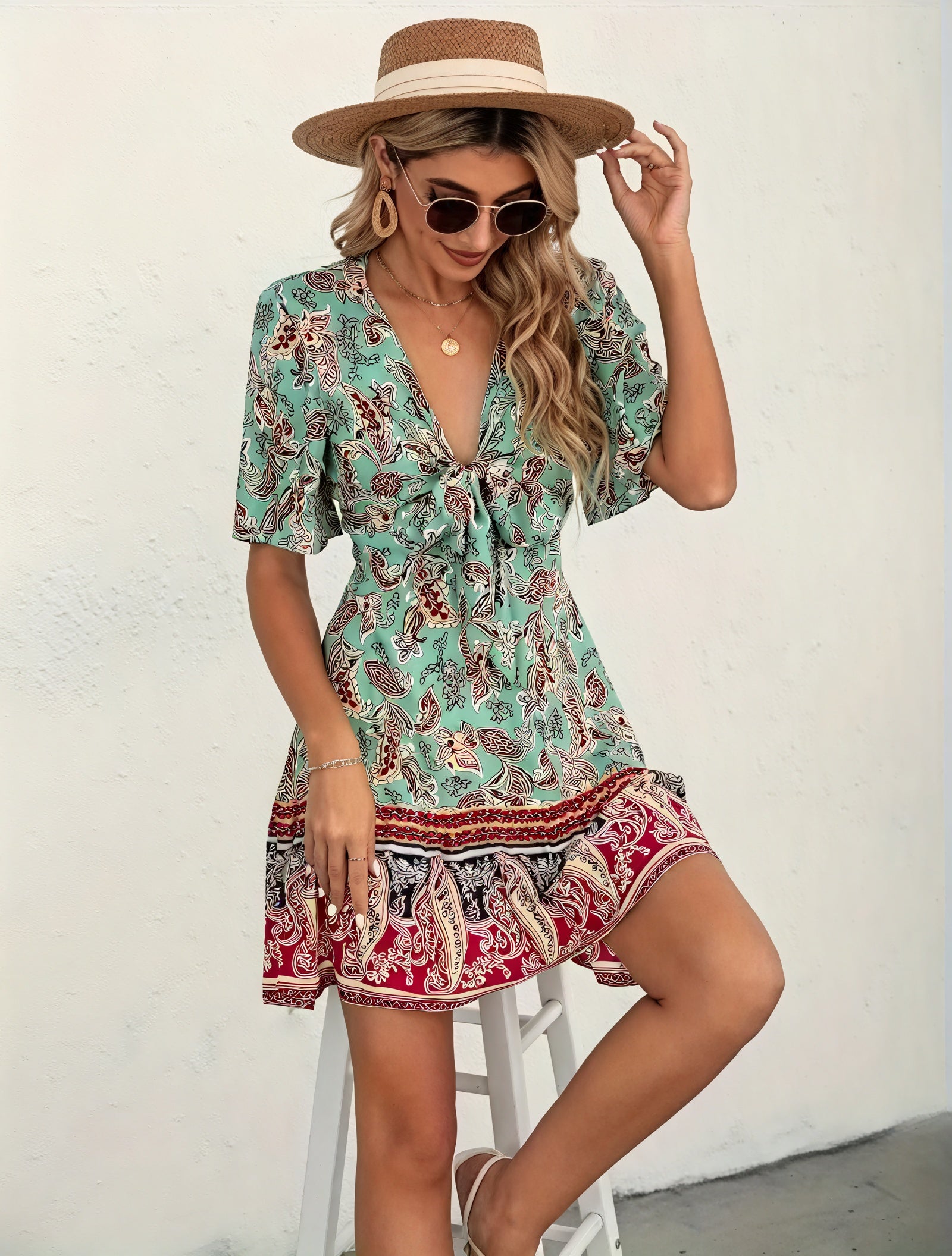 Floral Paisley V-Neck Flared Dress