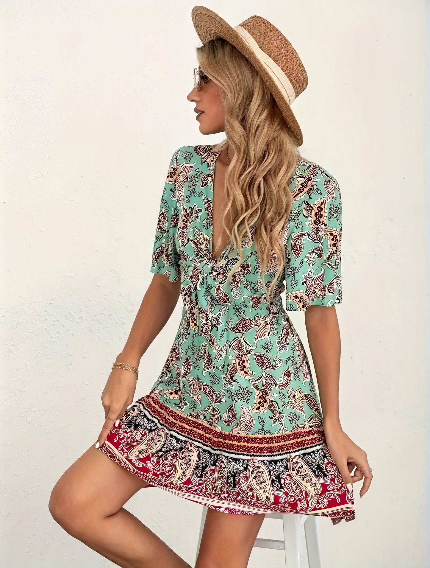 Floral Paisley V-Neck Flared Dress