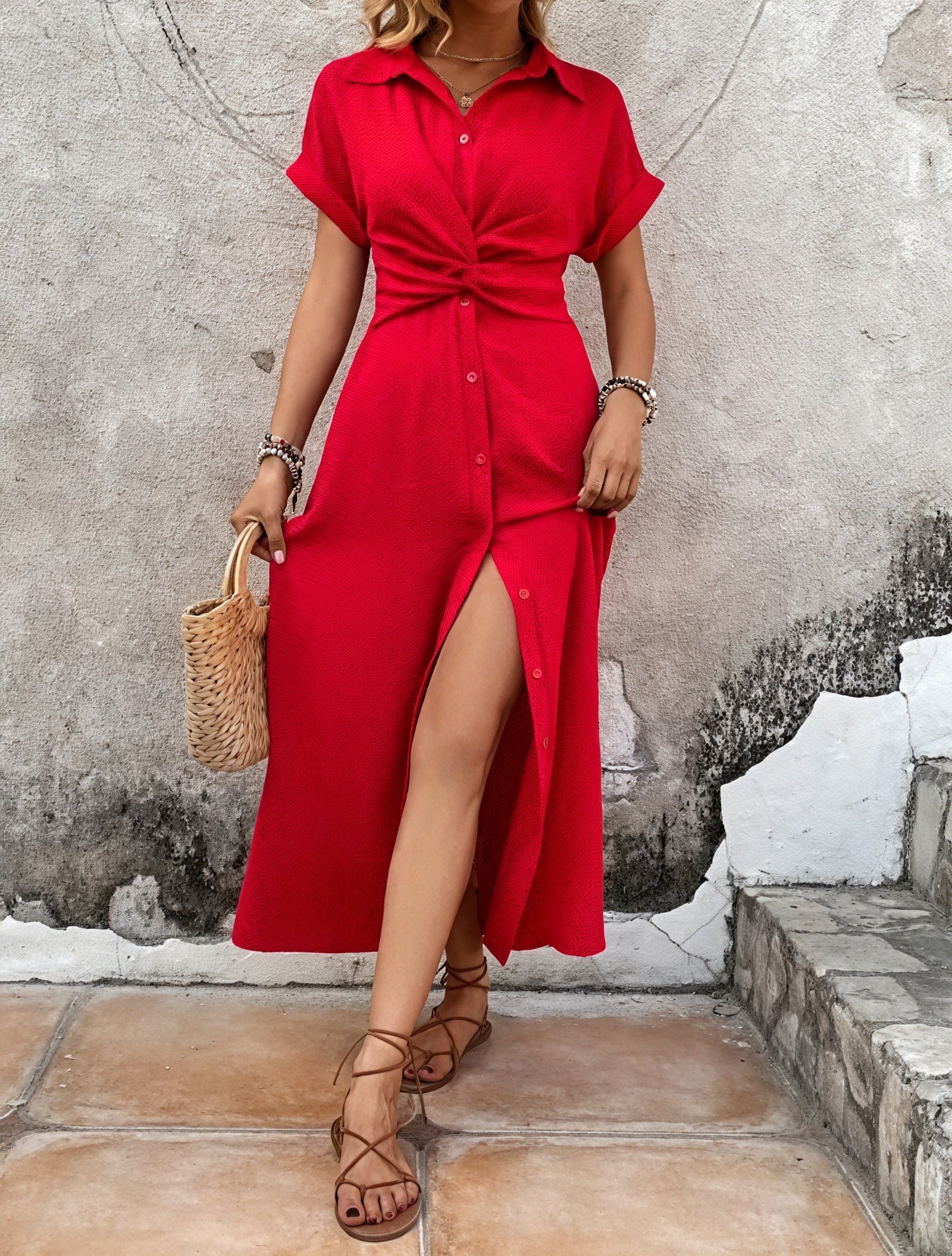 Button-Down Midi Dress with Twist-Waist