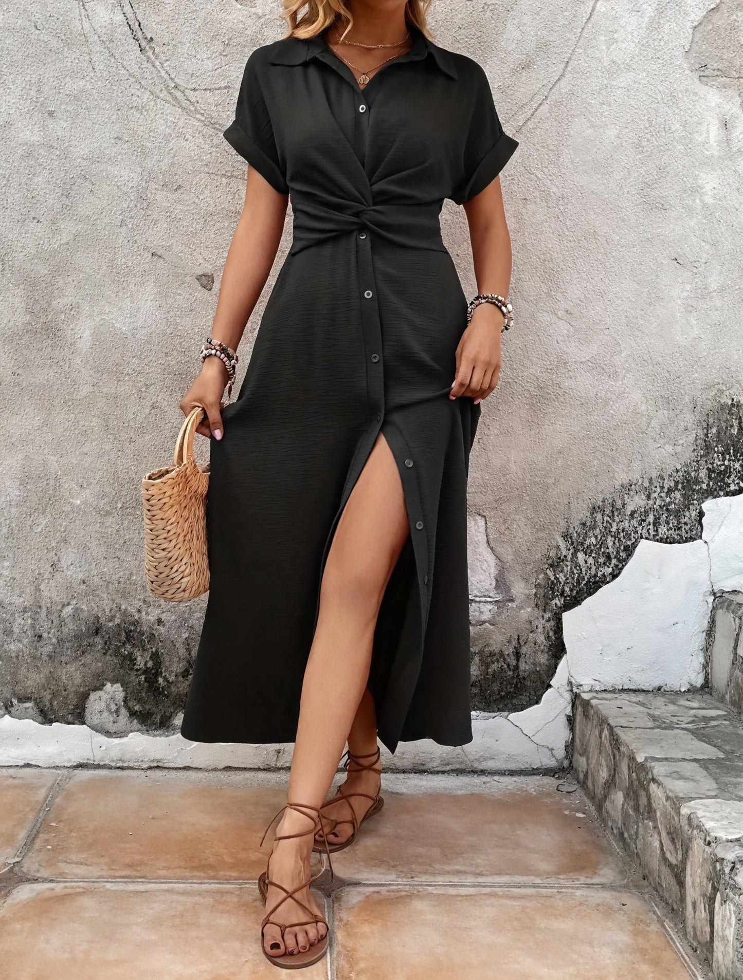 Button-Down Midi Dress with Twist-Waist