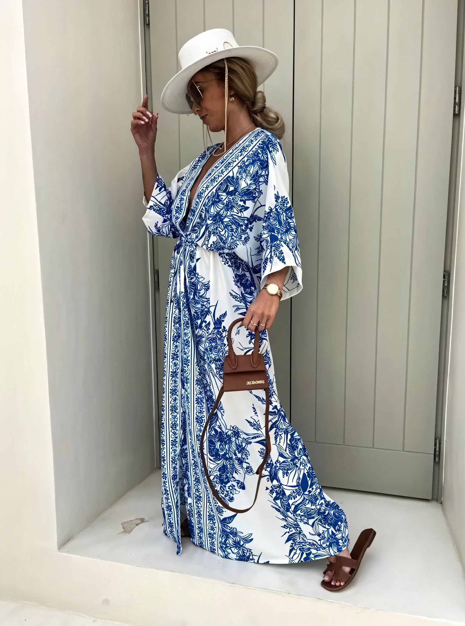 Floral Maxi Dress - Kimono Sleeves, V-Neck