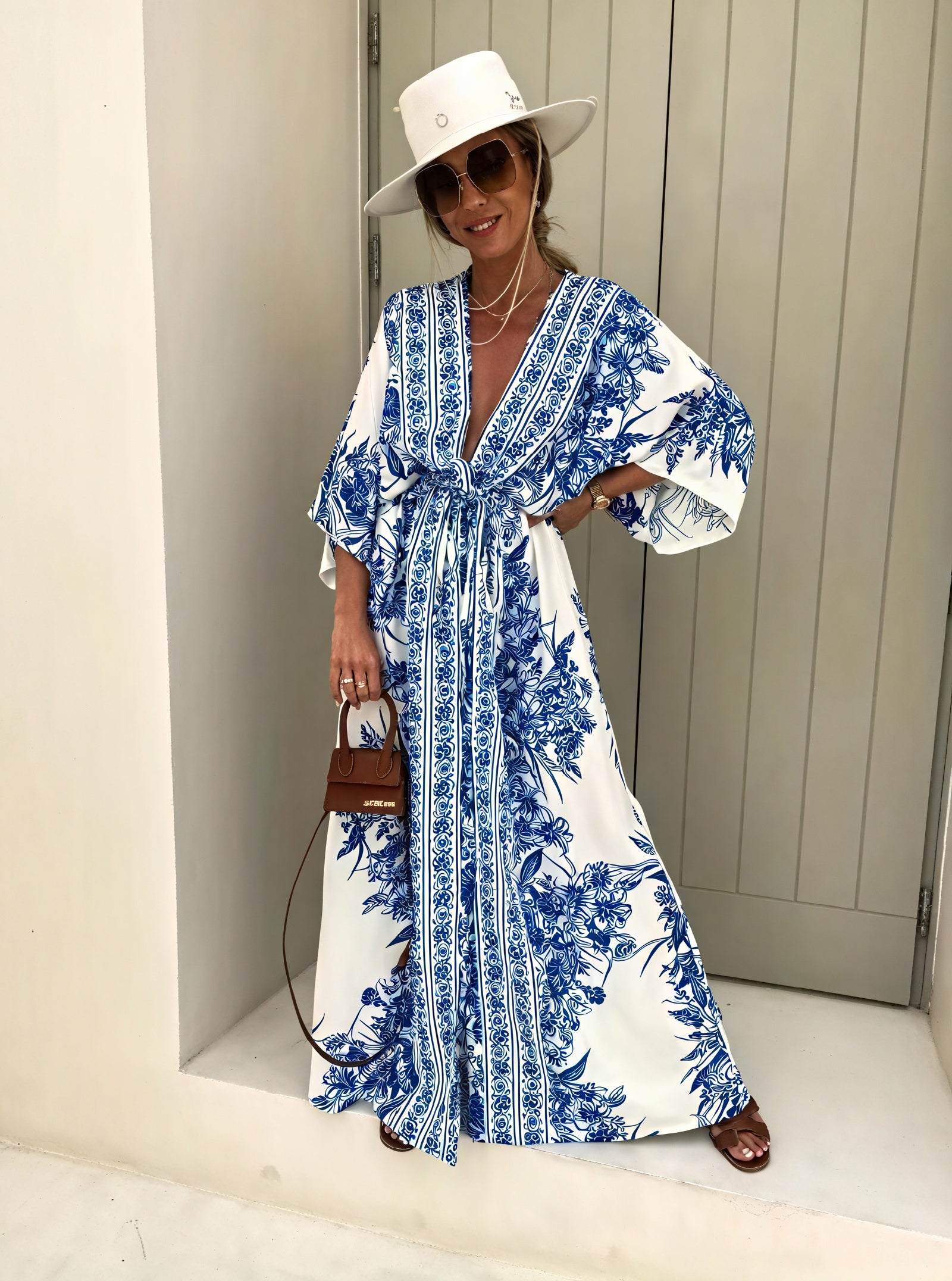 Floral Maxi Dress - Kimono Sleeves, V-Neck