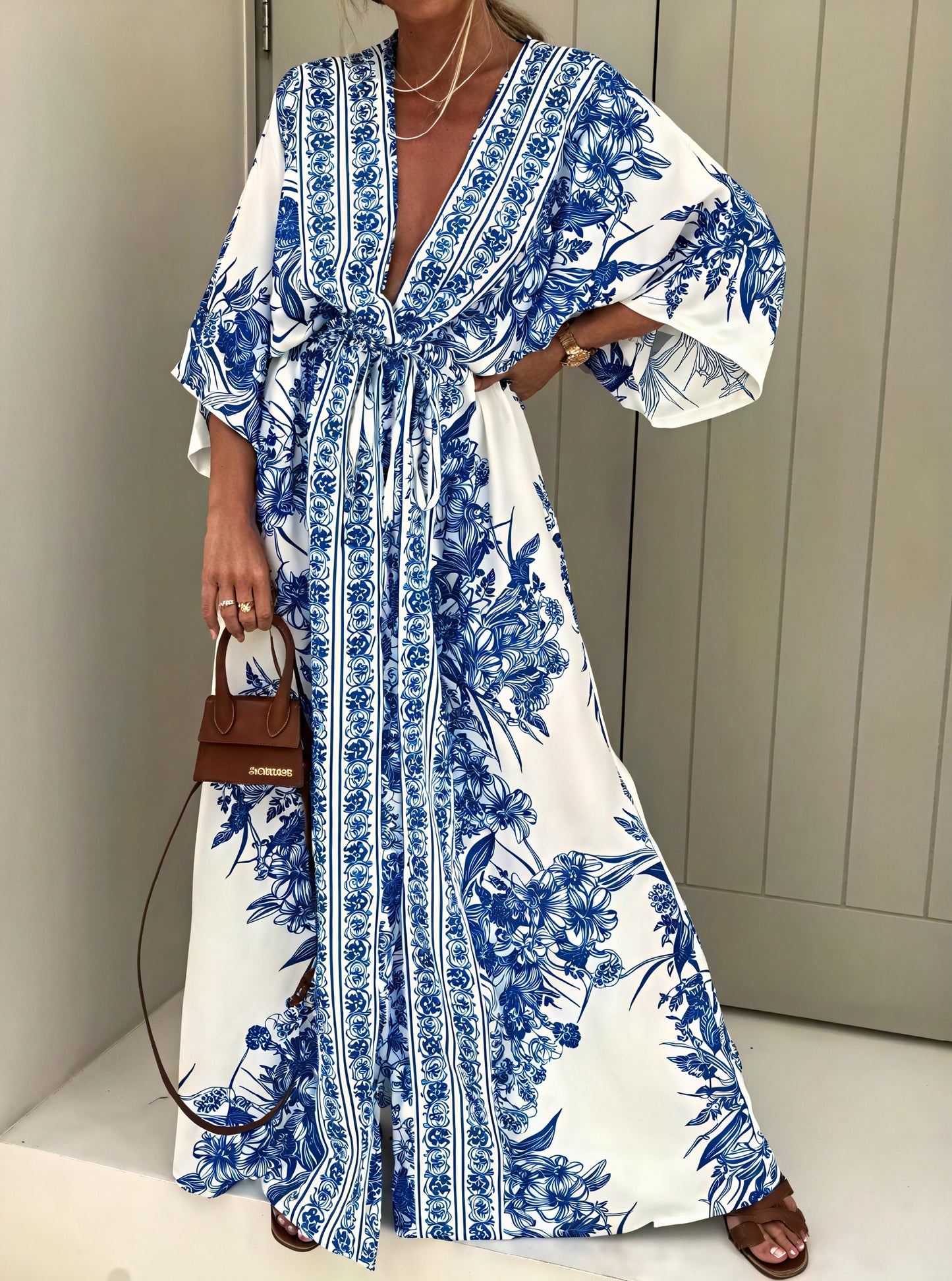 Floral Maxi Dress - Kimono Sleeves, V-Neck