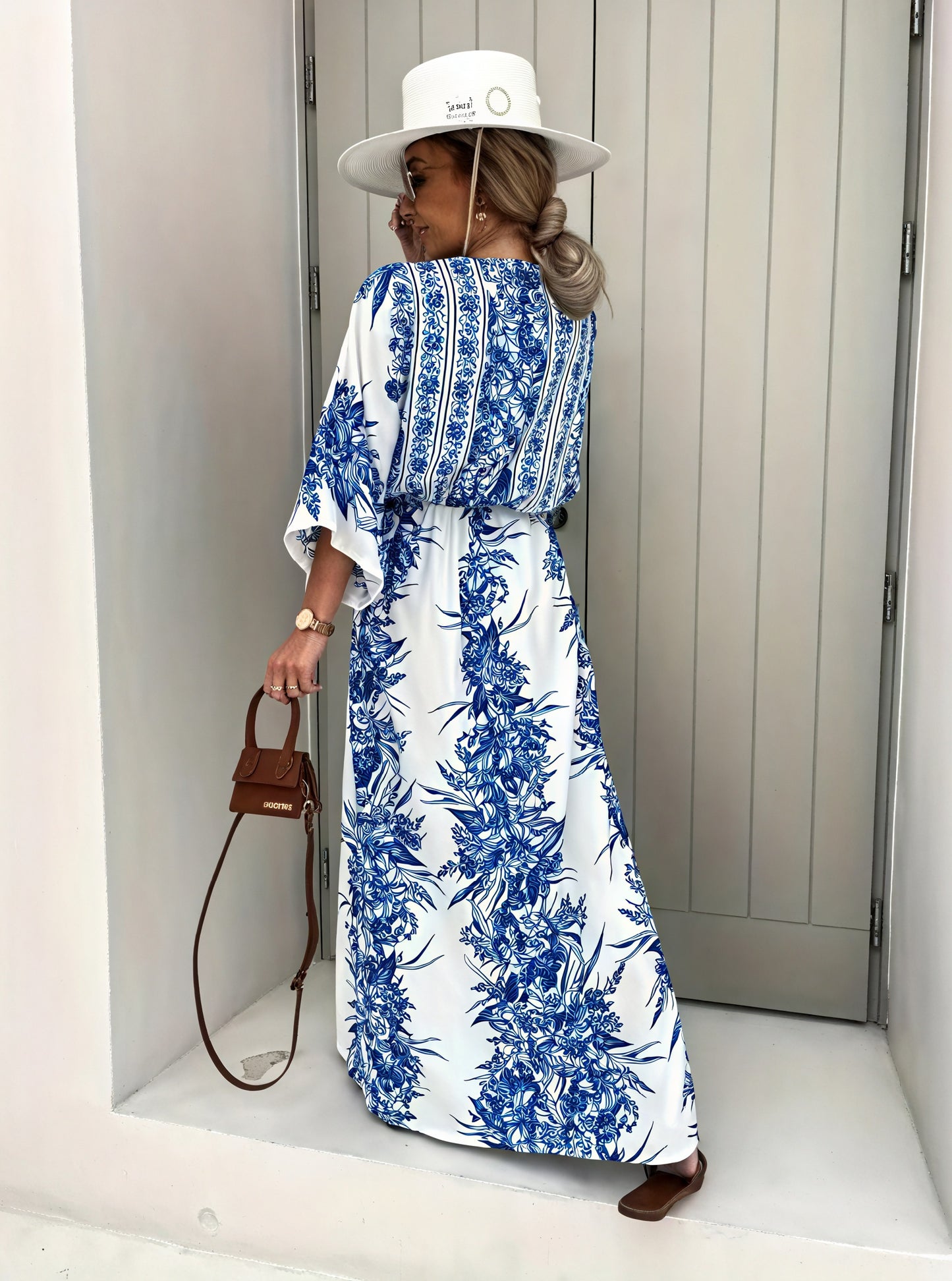 Floral Maxi Dress - Kimono Sleeves, V-Neck