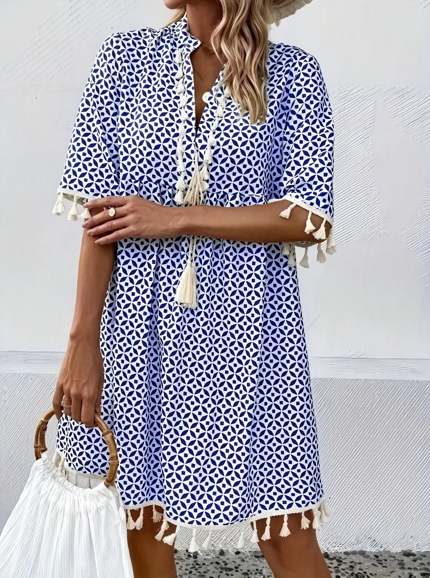 Women's Short-Sleeve Dress – Blue White Geometric Pattern, Tassel Detail, Lightweight-82531-dc123c0b-a995-4fee-9251-2bef717b12a1
