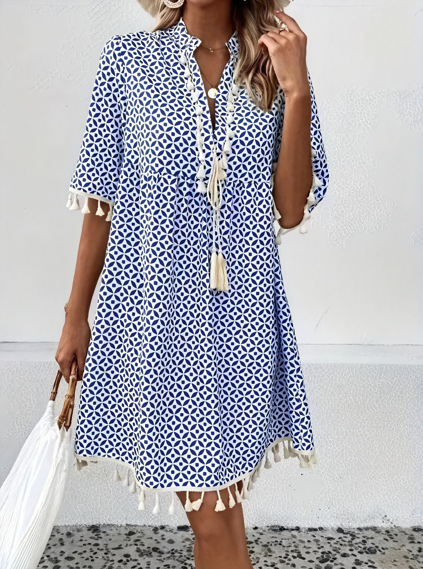 Women's Short-Sleeve Dress – Blue White Geometric Pattern, Tassel Detail, Lightweight-82531-e97fe2e4-a321-4231-aa45-9d7e2ae83ac1