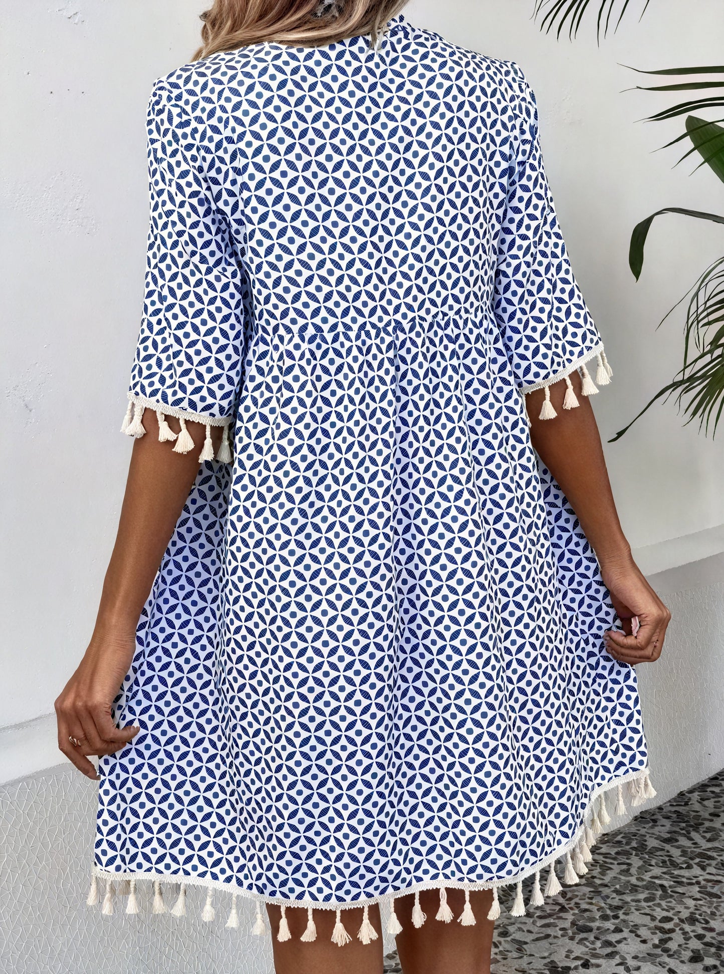 Women's Short-Sleeve Dress – Blue White Geometric Pattern, Tassel Detail, Lightweight-82531-f6283457-38c9-4fa5-b8d4-ff2536c1491a