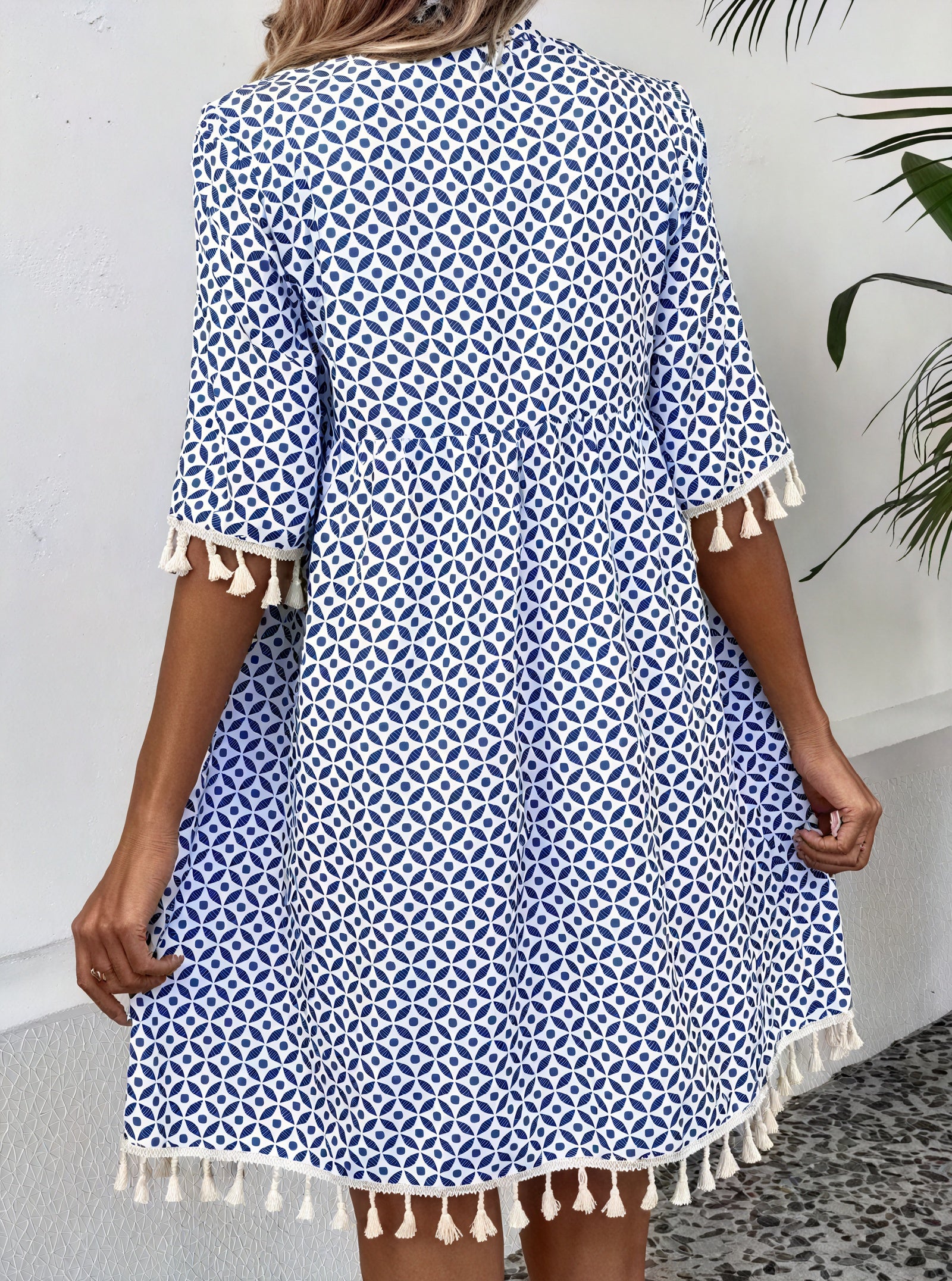 Women's Short-Sleeve Dress – Blue White Geometric Pattern, Tassel Detail, Lightweight-82531-f6283457-38c9-4fa5-b8d4-ff2536c1491a