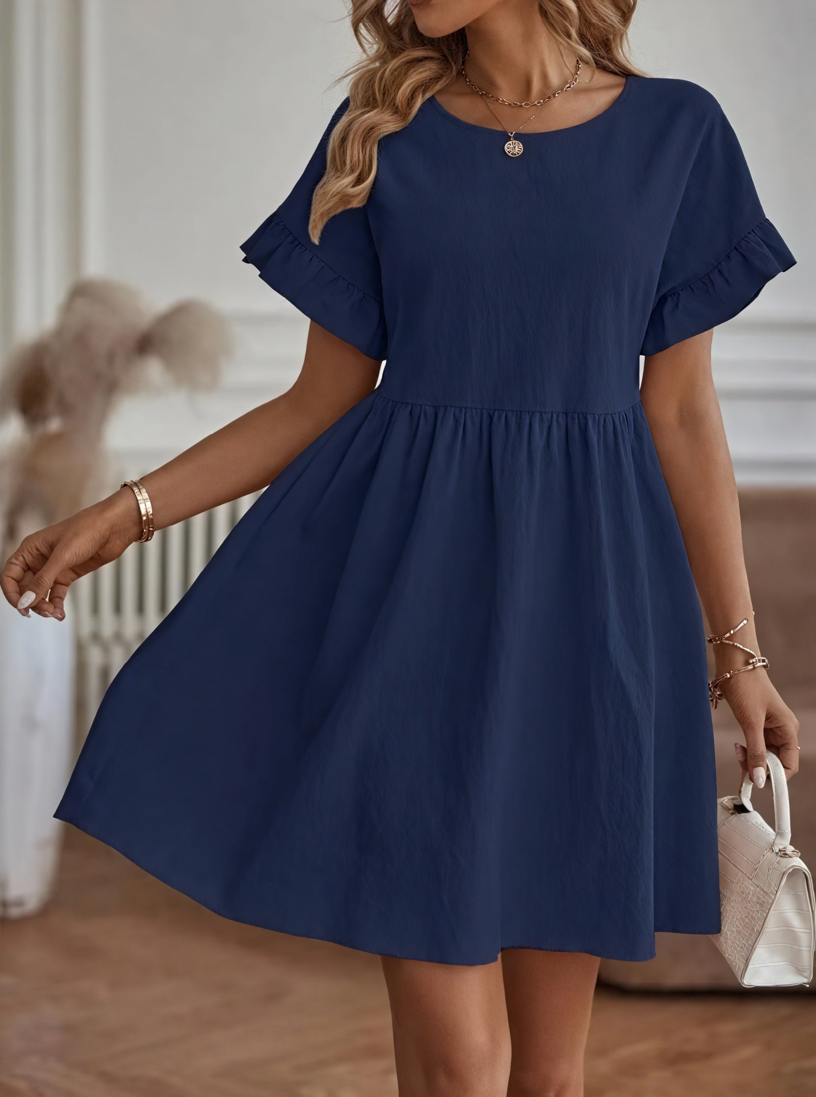 Women's A-Line Dress – Ruffle Short Sleeves, Gathered Waist, Multiple Colors-82588-68ca1c86-54c3-4ed3-95e8-c68a97bed729