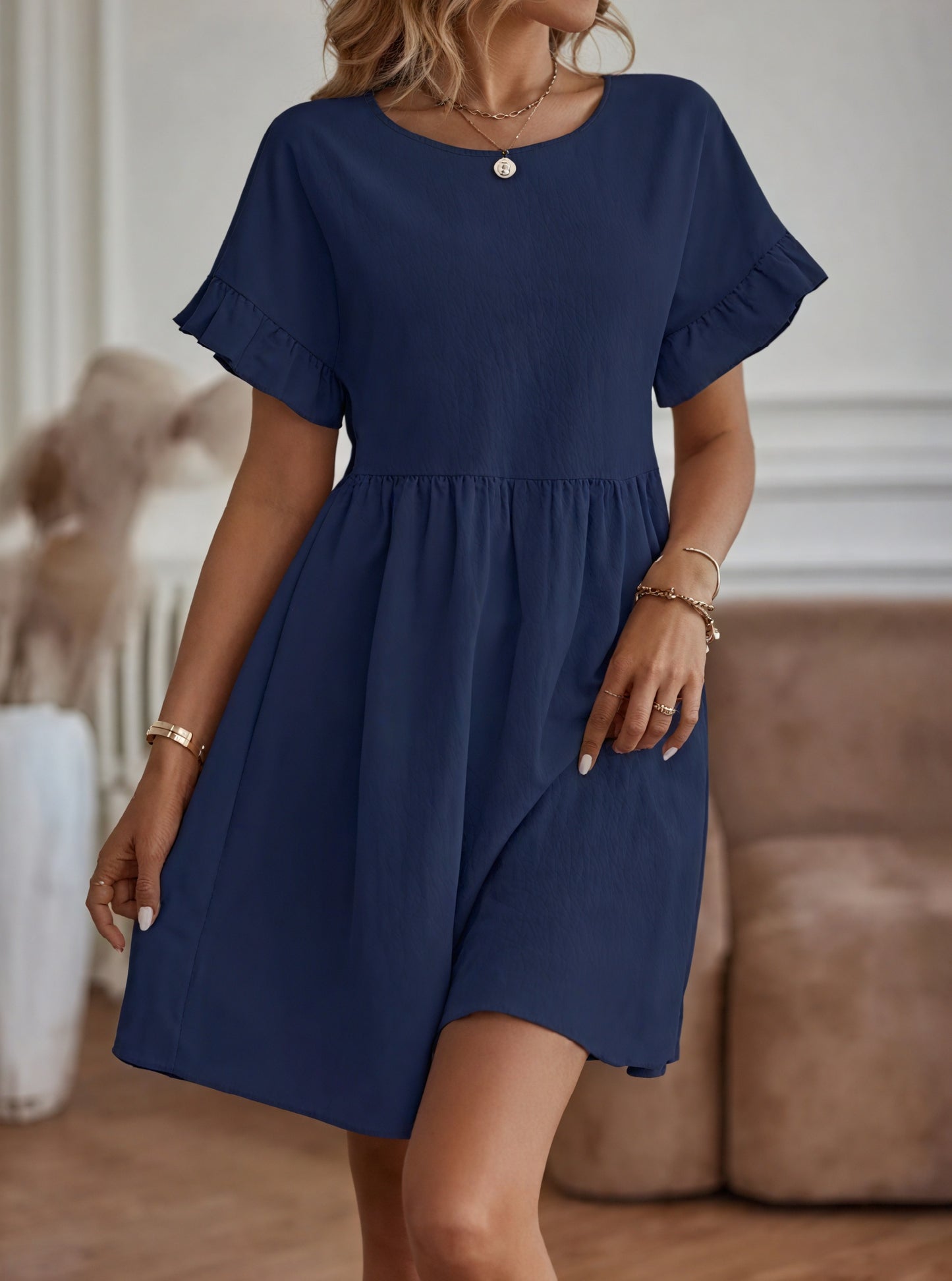 Women's A-Line Dress – Ruffle Short Sleeves, Gathered Waist, Multiple Colors-82588-dc141b8e-85c9-460b-98cf-1121fb349f2c