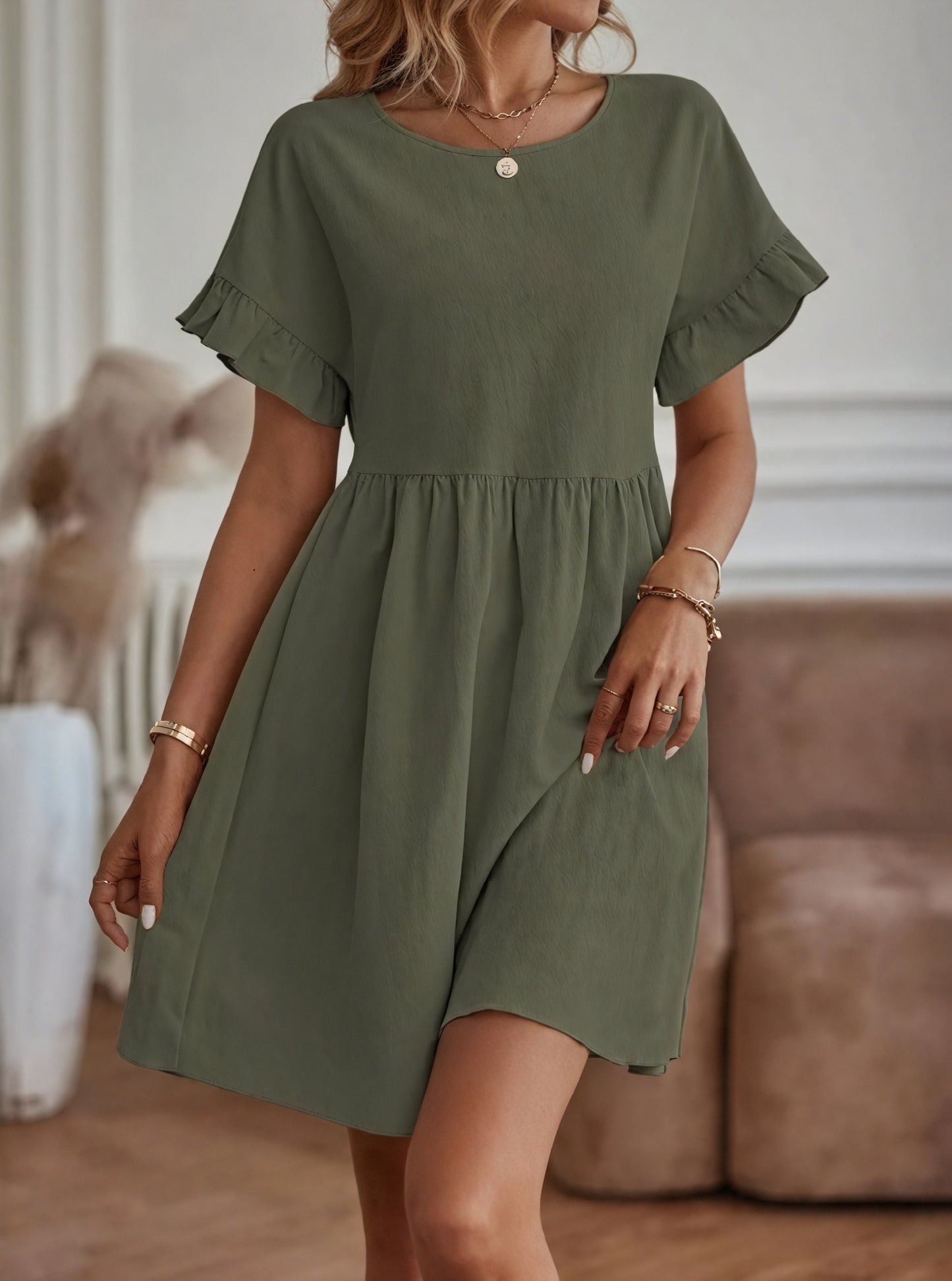 Women's A-Line Dress – Ruffle Short Sleeves, Gathered Waist, Multiple Colors-82588-9b9ce8cd-d87f-4046-a0da-8b042afab286