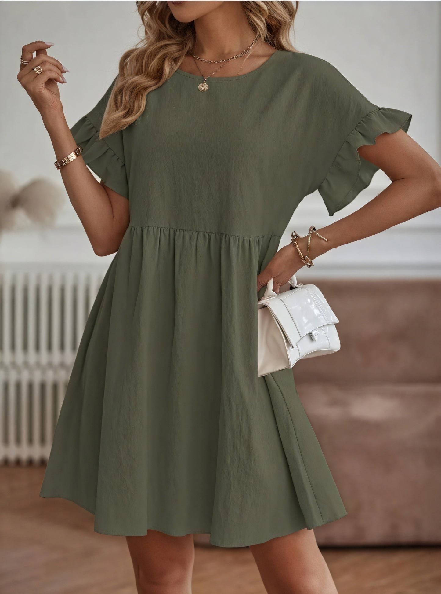 Women's A-Line Dress – Ruffle Short Sleeves, Gathered Waist, Multiple Colors-82588-657b3a81-b481-4bbe-96ff-45c0200e88db