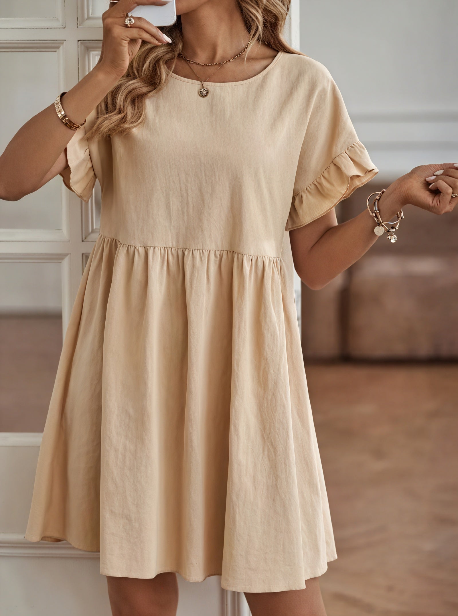 Women's A-Line Dress – Ruffle Short Sleeves, Gathered Waist, Multiple Colors-82588-04e874b0-3b16-4c7d-b8c2-bba915c3dfa5