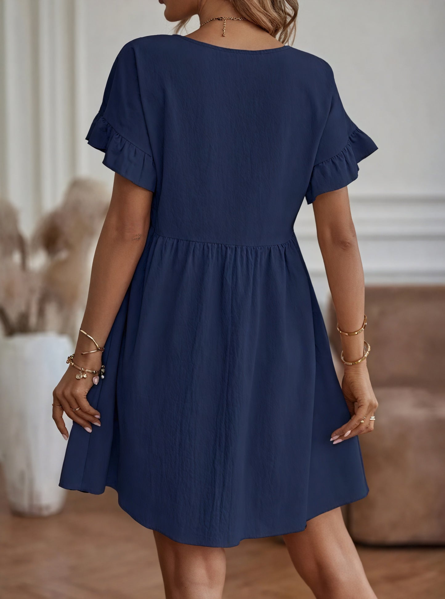 Women's A-Line Dress – Ruffle Short Sleeves, Gathered Waist, Multiple Colors-82588-4bd837fb-f93f-41e2-844b-613e1fe23fa9