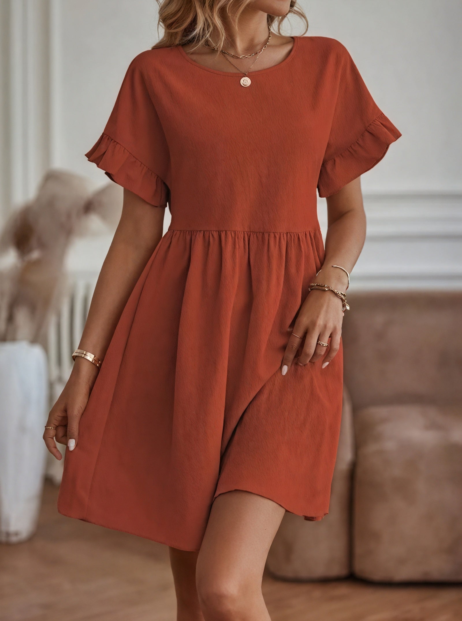 Women's A-Line Dress – Ruffle Short Sleeves, Gathered Waist, Multiple Colors-82588-ab0f1573-7b5c-4260-809b-38b85323ba71