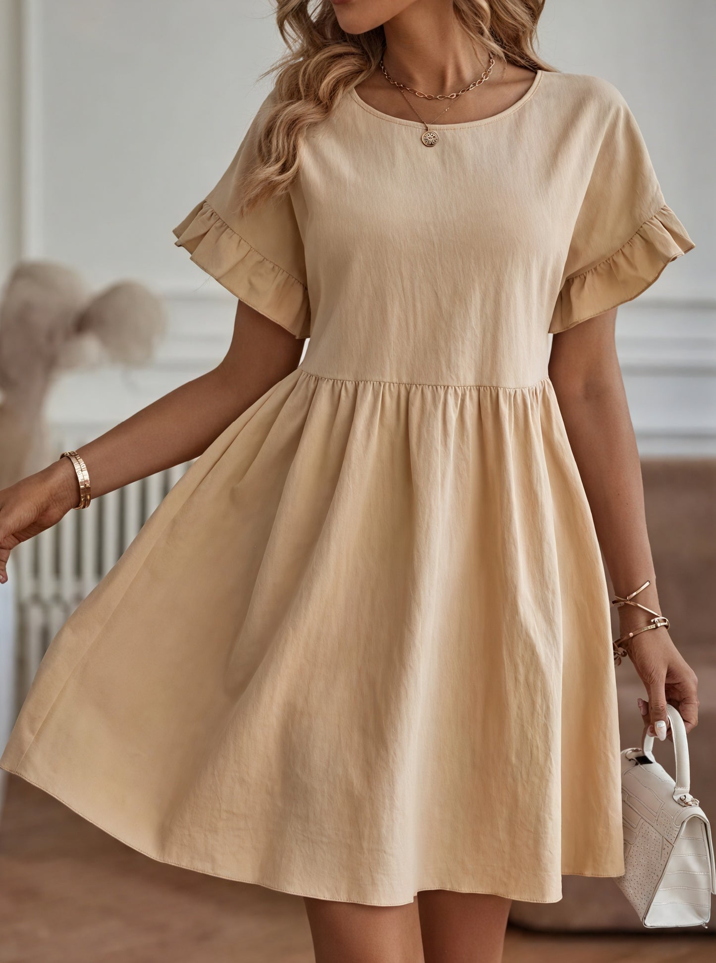 Women's A-Line Dress – Ruffle Short Sleeves, Gathered Waist, Multiple Colors-82588-01110920-9c12-493d-b324-a35125b0d62b