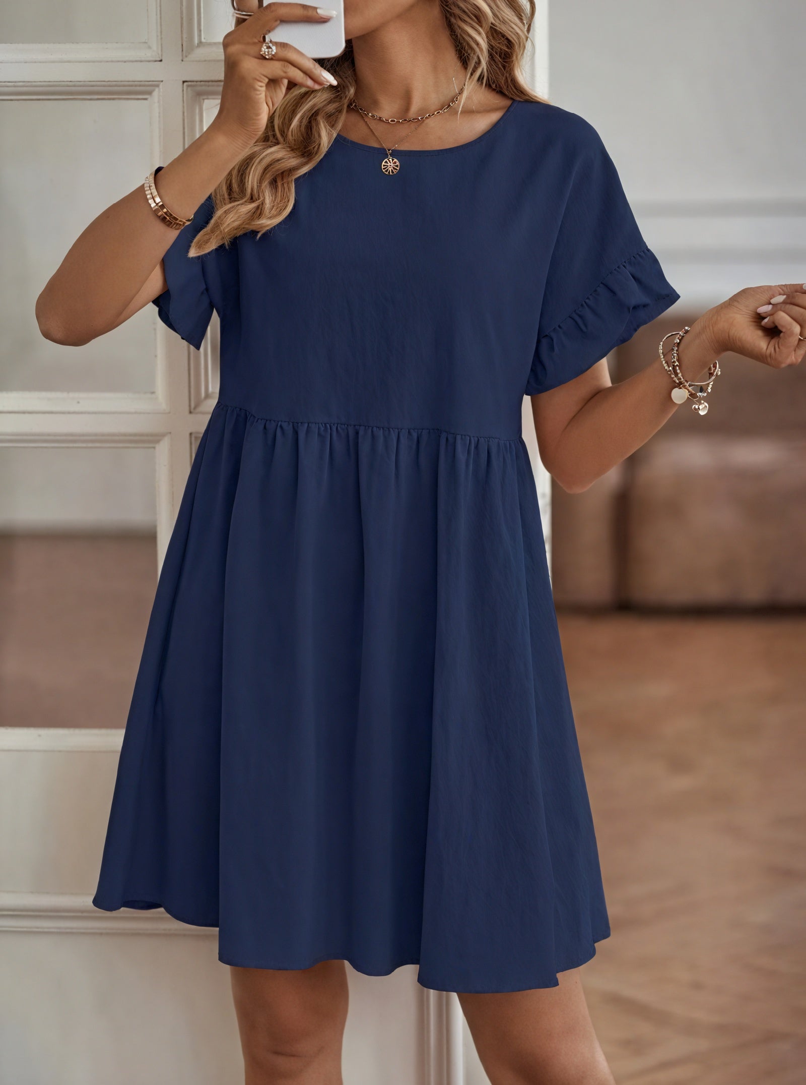 Women's A-Line Dress – Ruffle Short Sleeves, Gathered Waist, Multiple Colors-82588-498a67a5-8287-42ae-9126-be9a83149d38