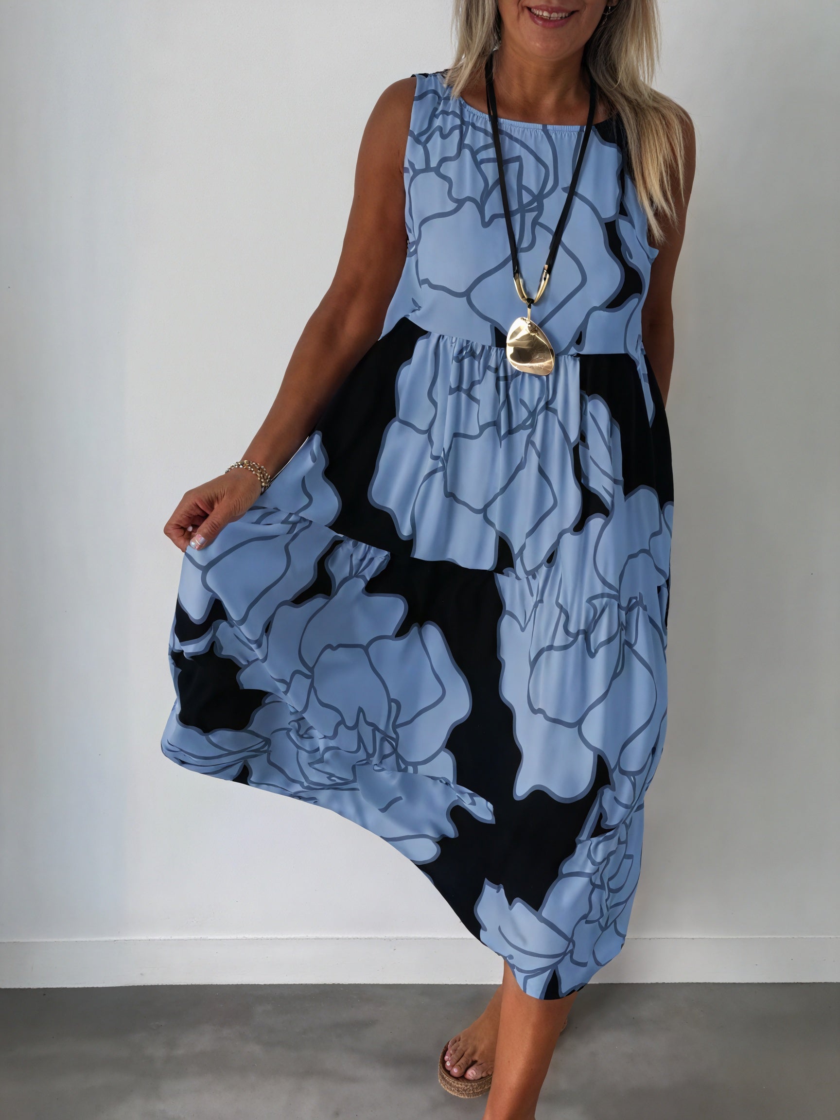 Floral Tiered Midi Dress - Sleeveless